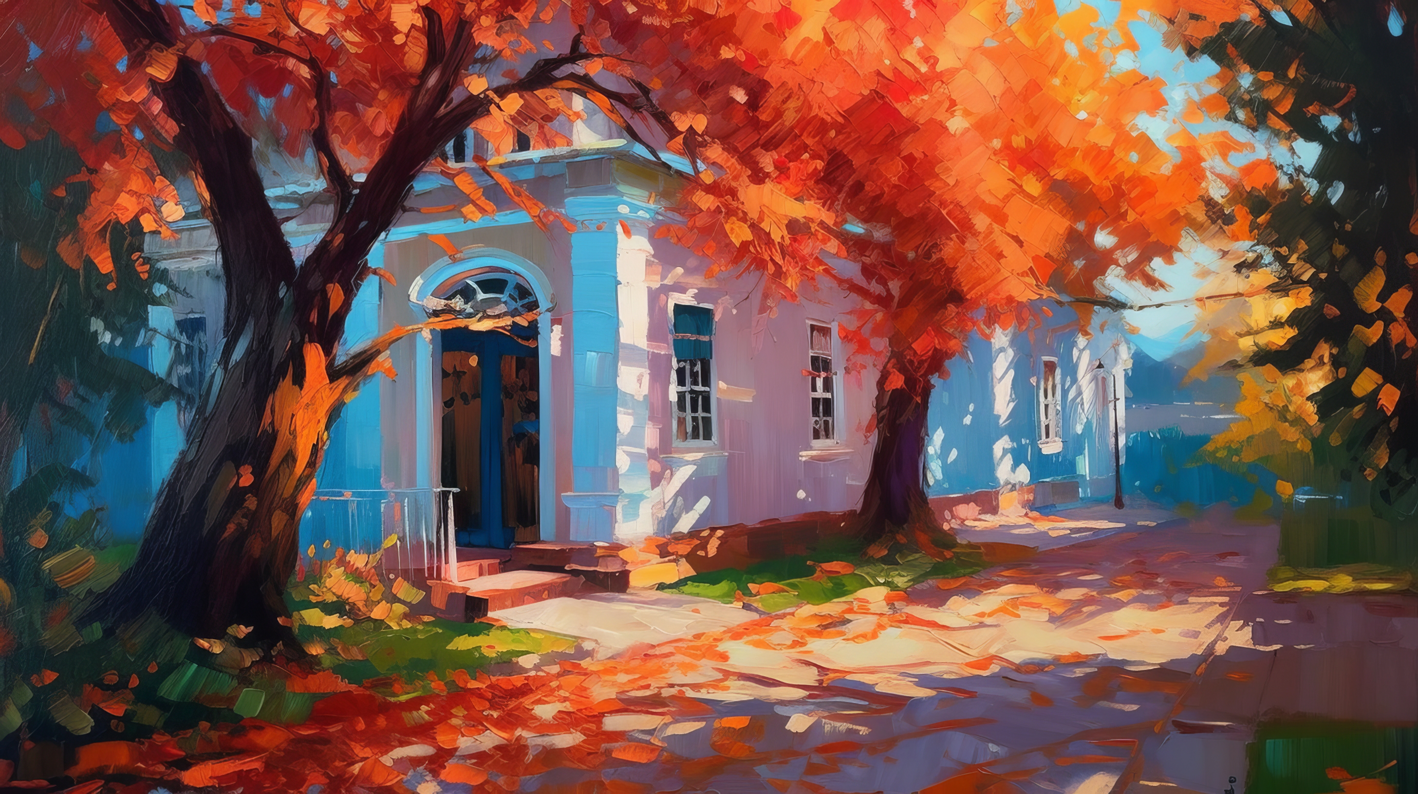 General 2912x1632 AI art illustration colorful trees fall house leaves building