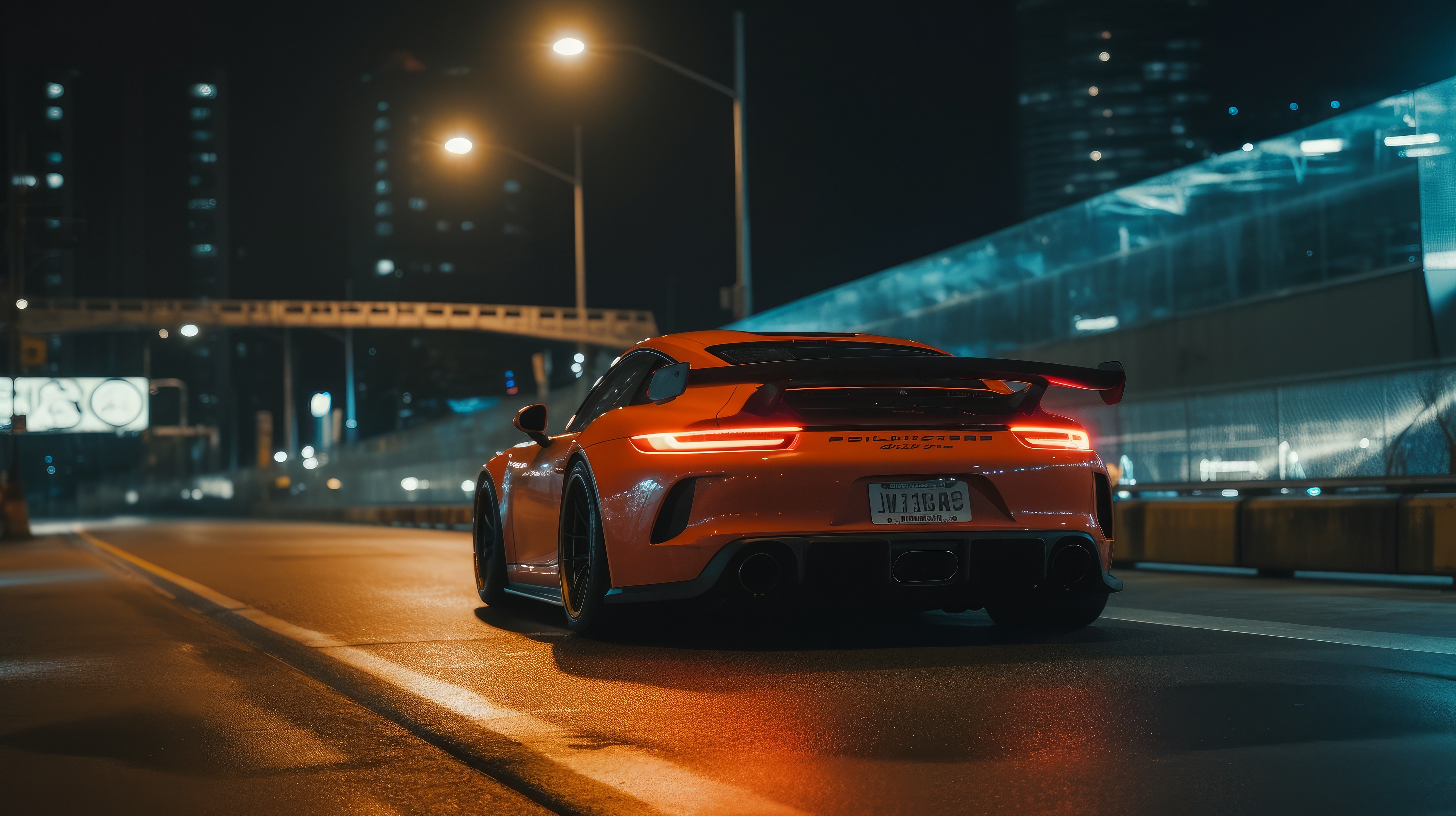 General 2912x1632 AI art street racing night muscle cars city orange taillights licence plates rear view street light