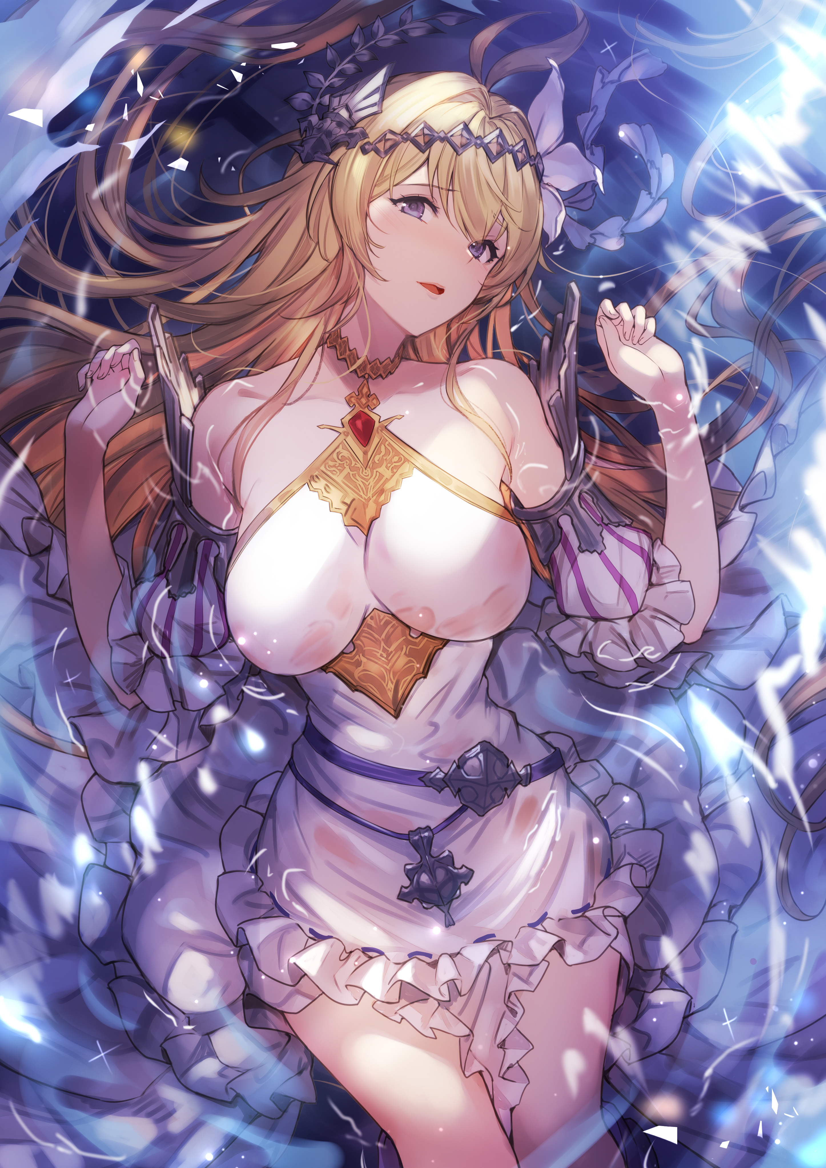 Anime 2893x4092 Kakage portrait display anime girls long hair blonde head tilt wet looking at viewer top view in water wet body wet clothing wet hair big boobs hair ornament lying down lying on back white dress Granblue Fantasy flowers flower in hair open mouth bare shoulders blue eyes Jeanne D'arc (Granblue Fantasy) detached sleeves blushing dress see-through dress