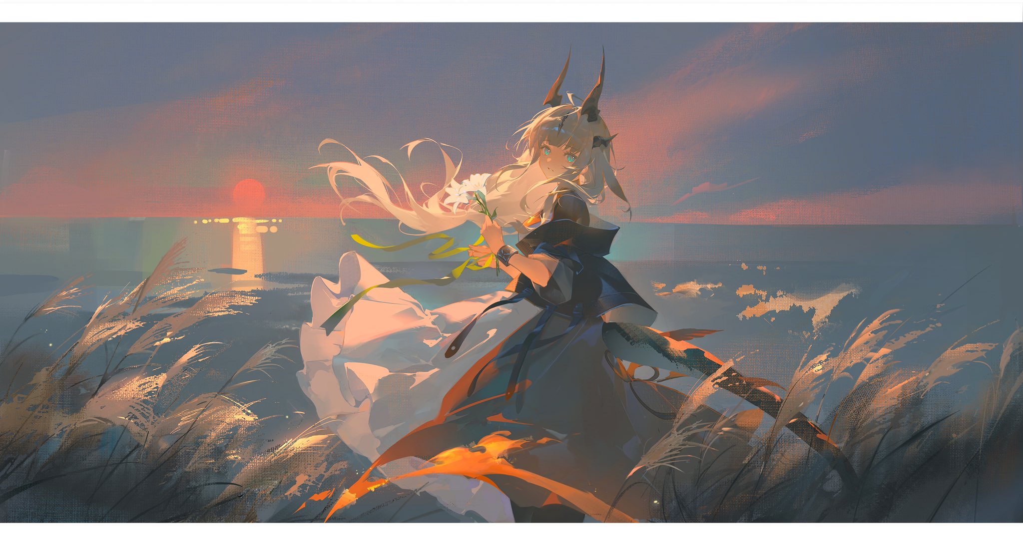 Anime 2048x1076 anime girls horns sunset horizon Reed (Arknights) Arknights water sunset glow looking at viewer