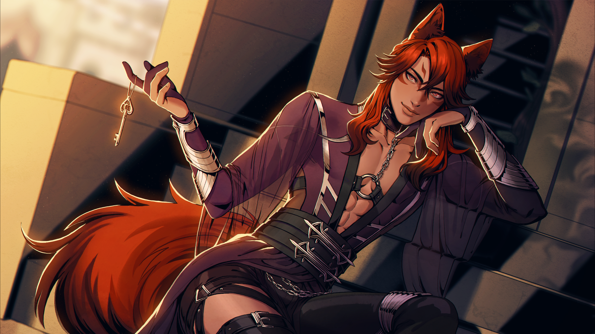 Anime 1920x1080 Touchstarved Vere anime boys Fox boy fox ears fox tail keys looking at viewer smiling redhead abs muscles