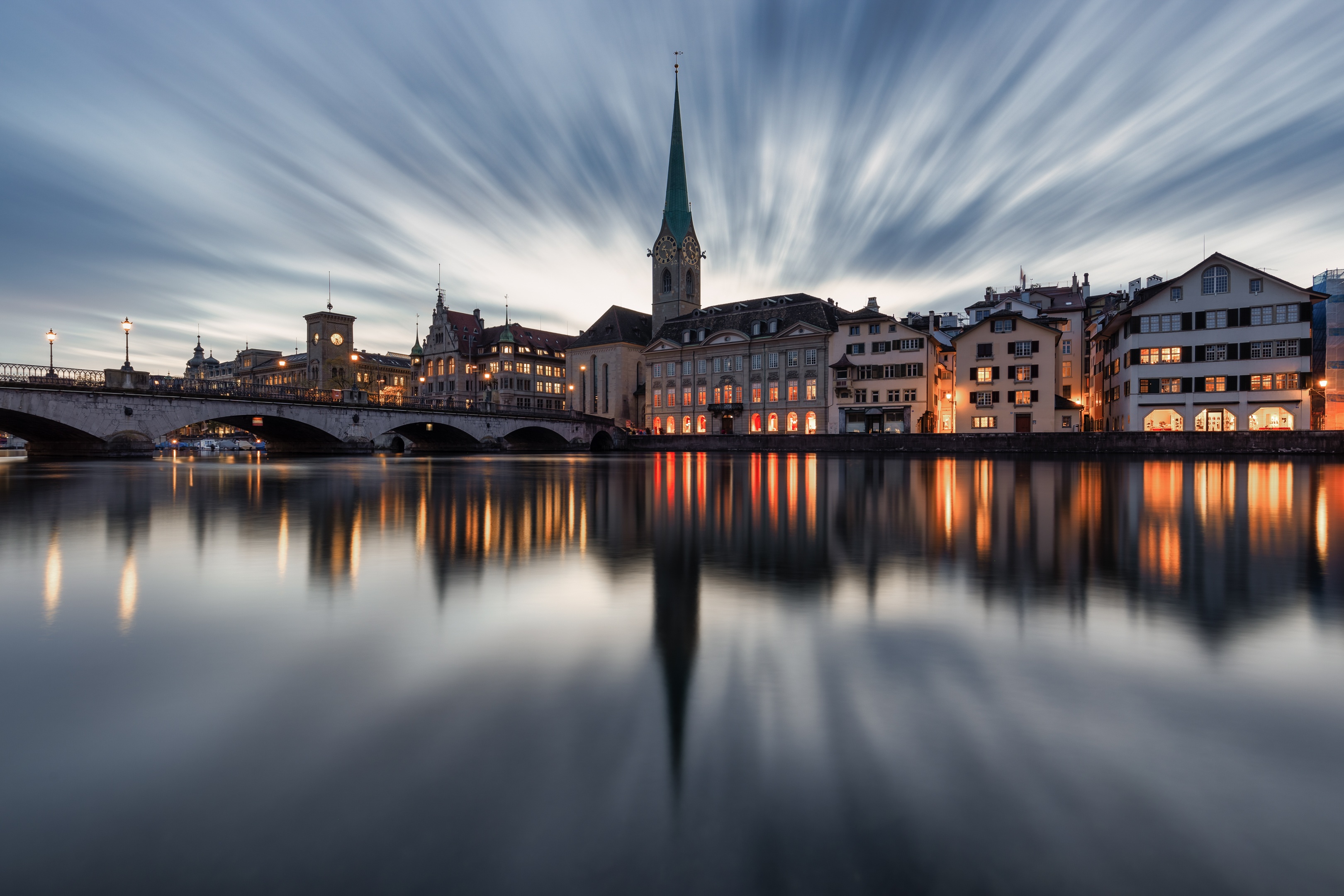 General 3240x2160 Zurich  Switzerland Europe photography long exposure city bridge architecture reflection river clouds water sky city lights