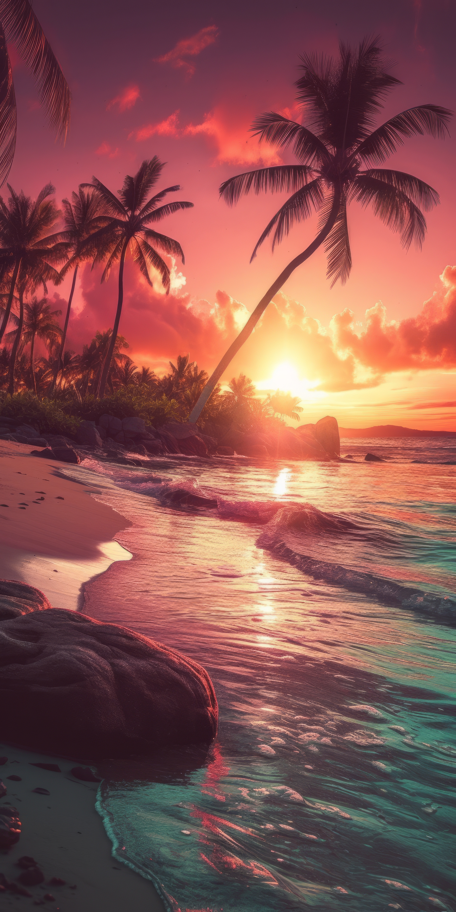 General 1536x3072 AI art portrait display tropical sunset beach palm trees clouds sunset glow water sky