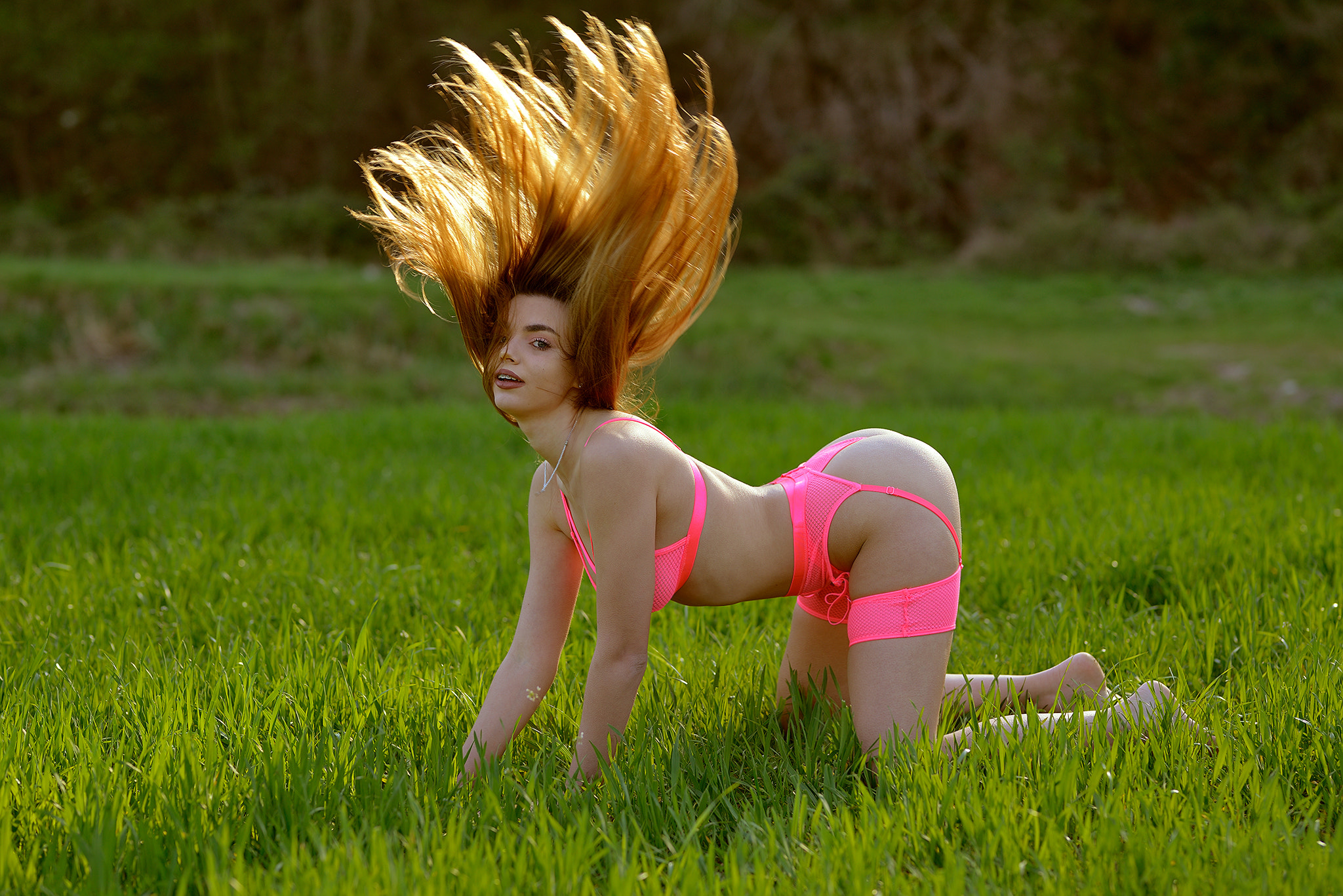 People 2048x1367 Giovanni Zacche women redhead pink lingerie bent over grass Anneth Dmitrieva braces