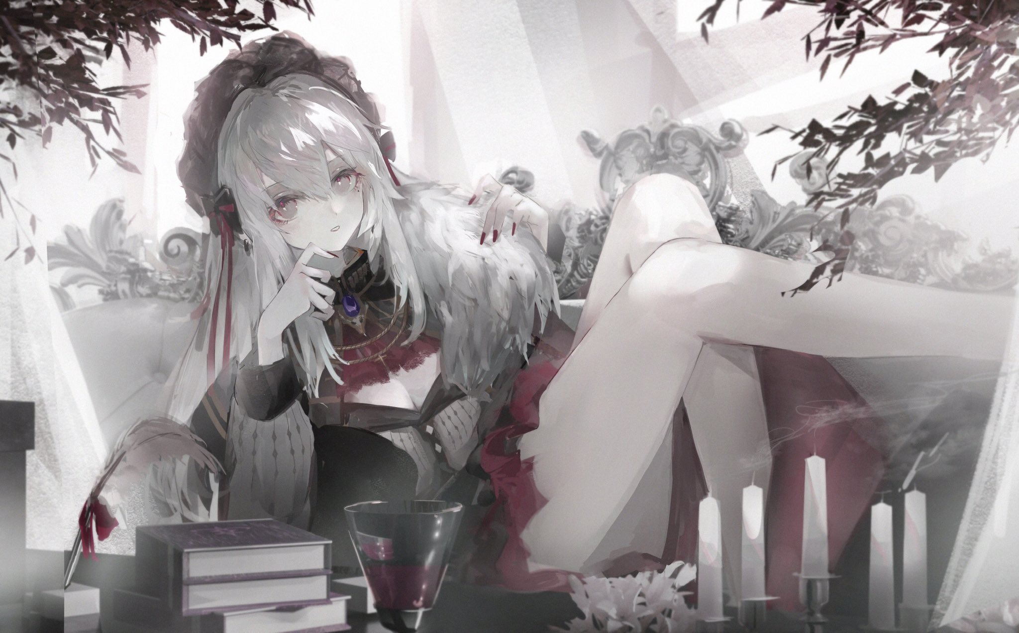Anime 2048x1272 minimalism red eyes white hair candles books red nails leaves anime girls looking at viewer
