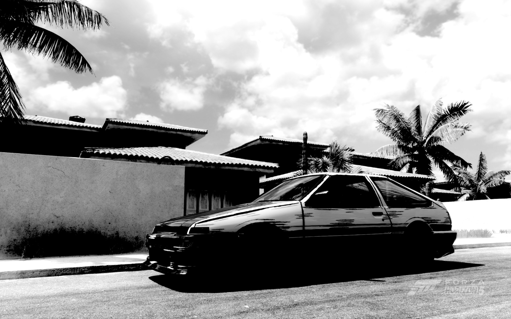 General 1728x1080 car Forza Forza Horizon 5 video games CGI monochrome clouds palm trees side view