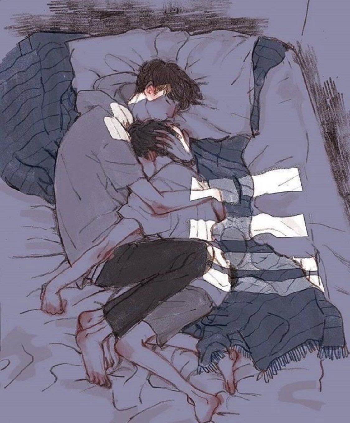 Anime 1125x1361 Yaoi cuddle shirtless sleeping mouth on neck portrait display lying down lying on side bed anime boys closed eyes