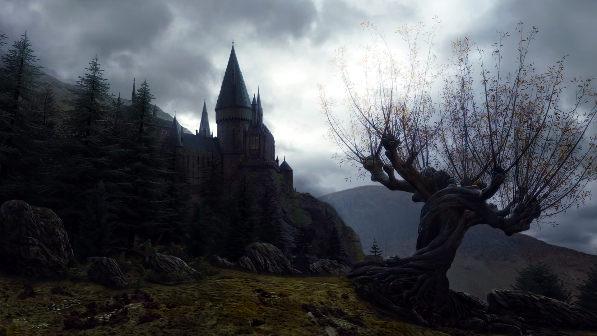 General 1920x1080 movies Whomping Willow clouds trees rocks castle Harry Potter Harry Potter and the Prisoner of Azkaban J.K. Rowling