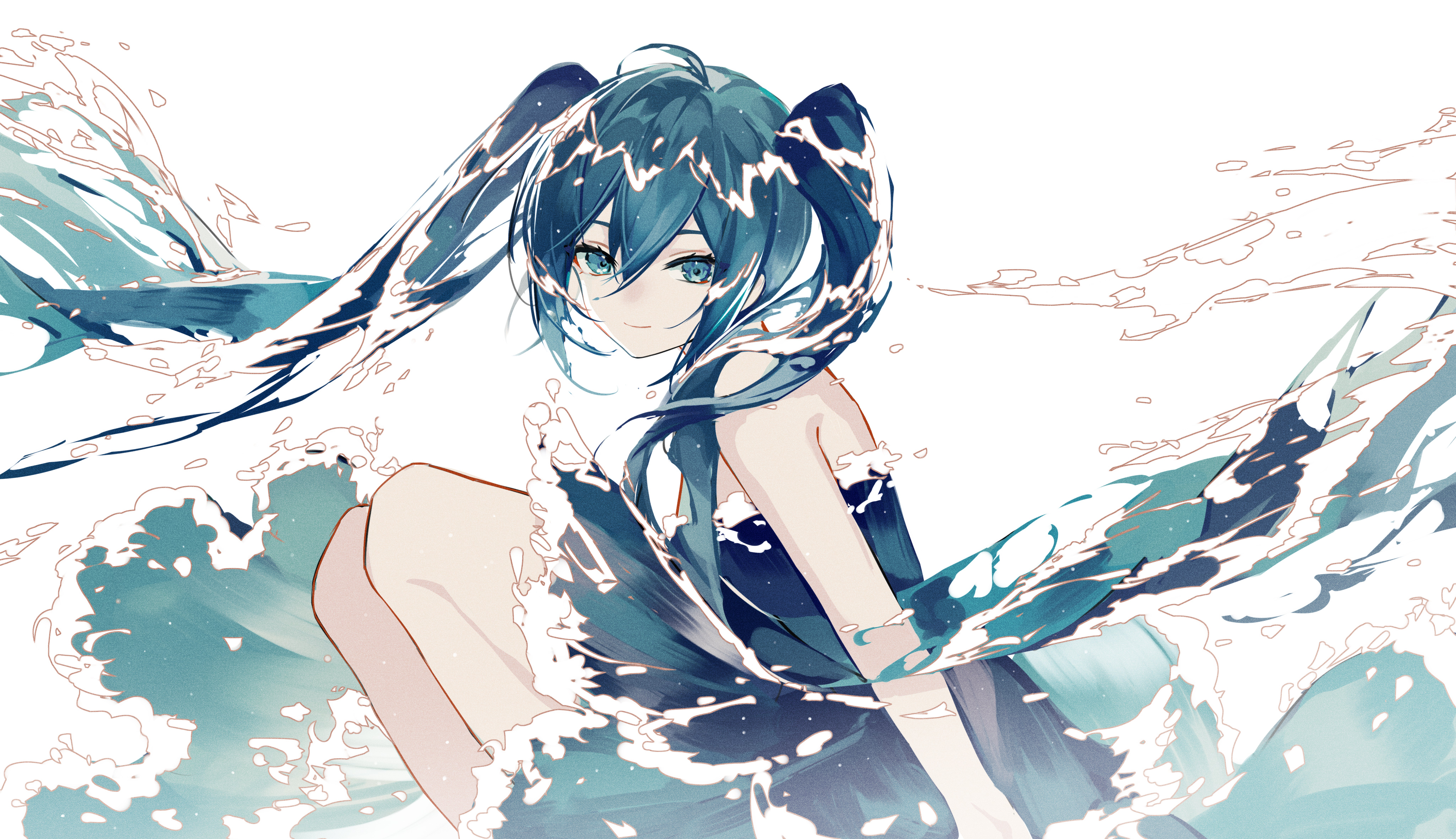 Anime 4099x2362 anime anime girls Hatsune Miku Vocaloid looking at viewer twintails water waves