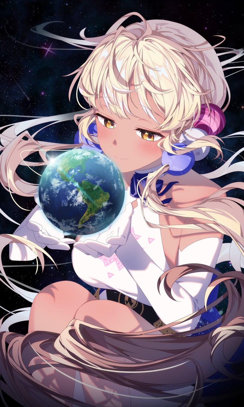 Anime 850x1416 Hololive Hololive English portrait display planet Tsukumo Sana leotard hair ornament space bare shoulders Earth white leotard stars white gloves smiling closed mouth gloves elbow gloves blushing white hair Kio is here