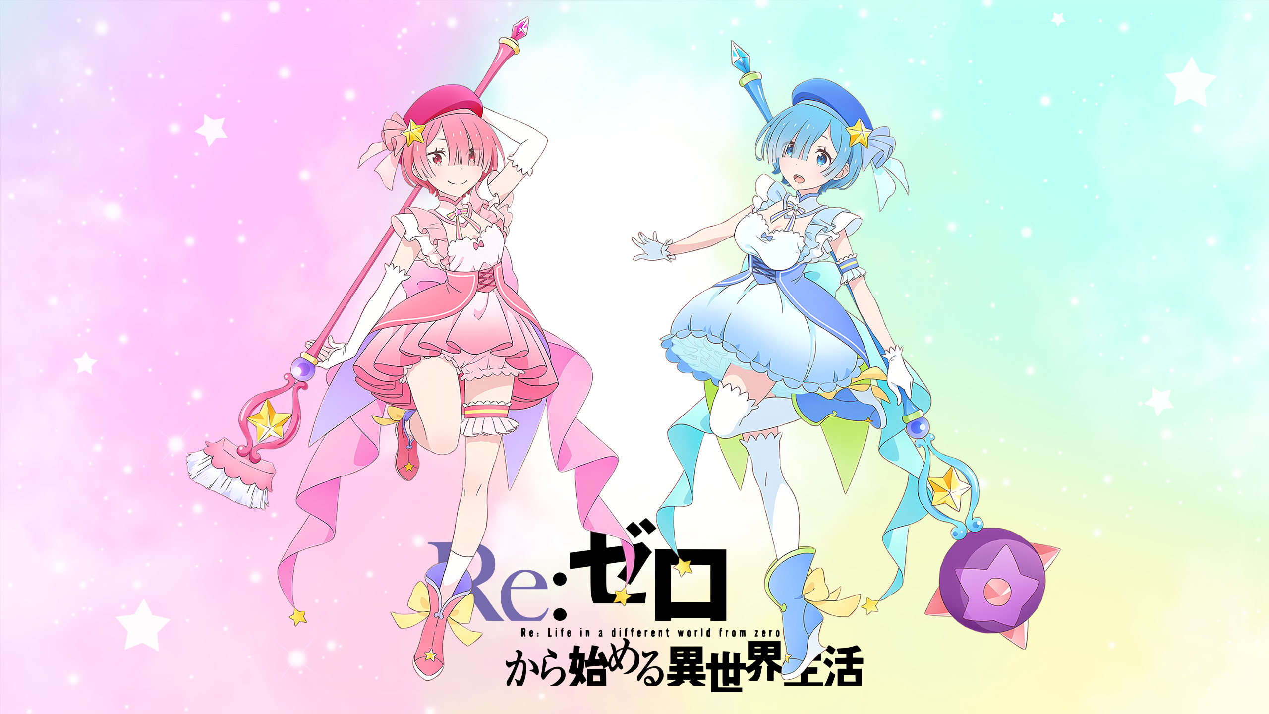 Anime 2560x1440 anime anime girls Re:Zero Kara Hajimeru Isekai Seikatsu Rem (Re:Zero) Ram (Re: Zero) simple background colorful pink hair blue hair short hair smiling leg up two women pink dress blue dress