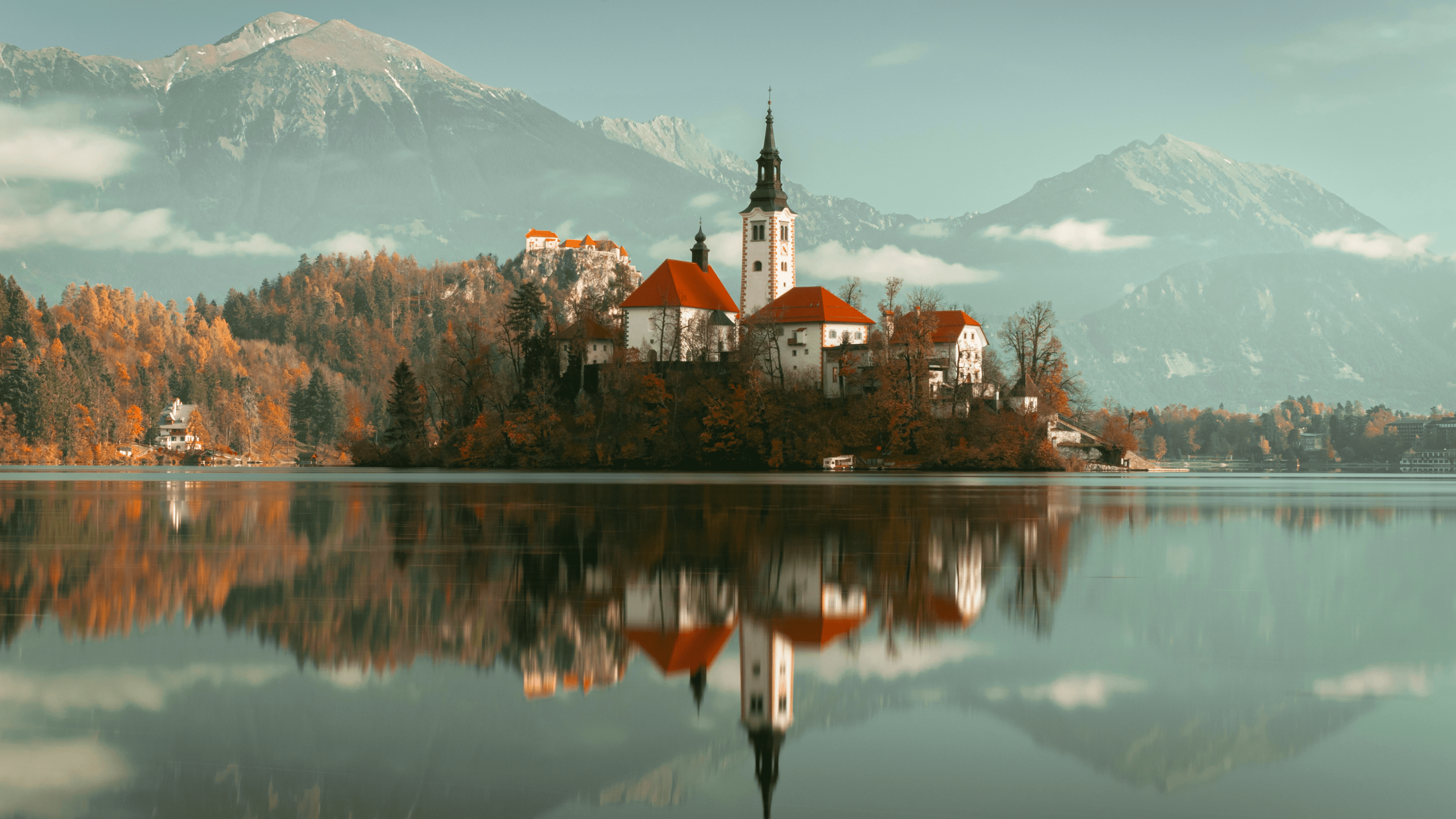 General 3840x2160 nature landscape trees mountains clouds sky water reflection church Lake Bled Slovenia island fall