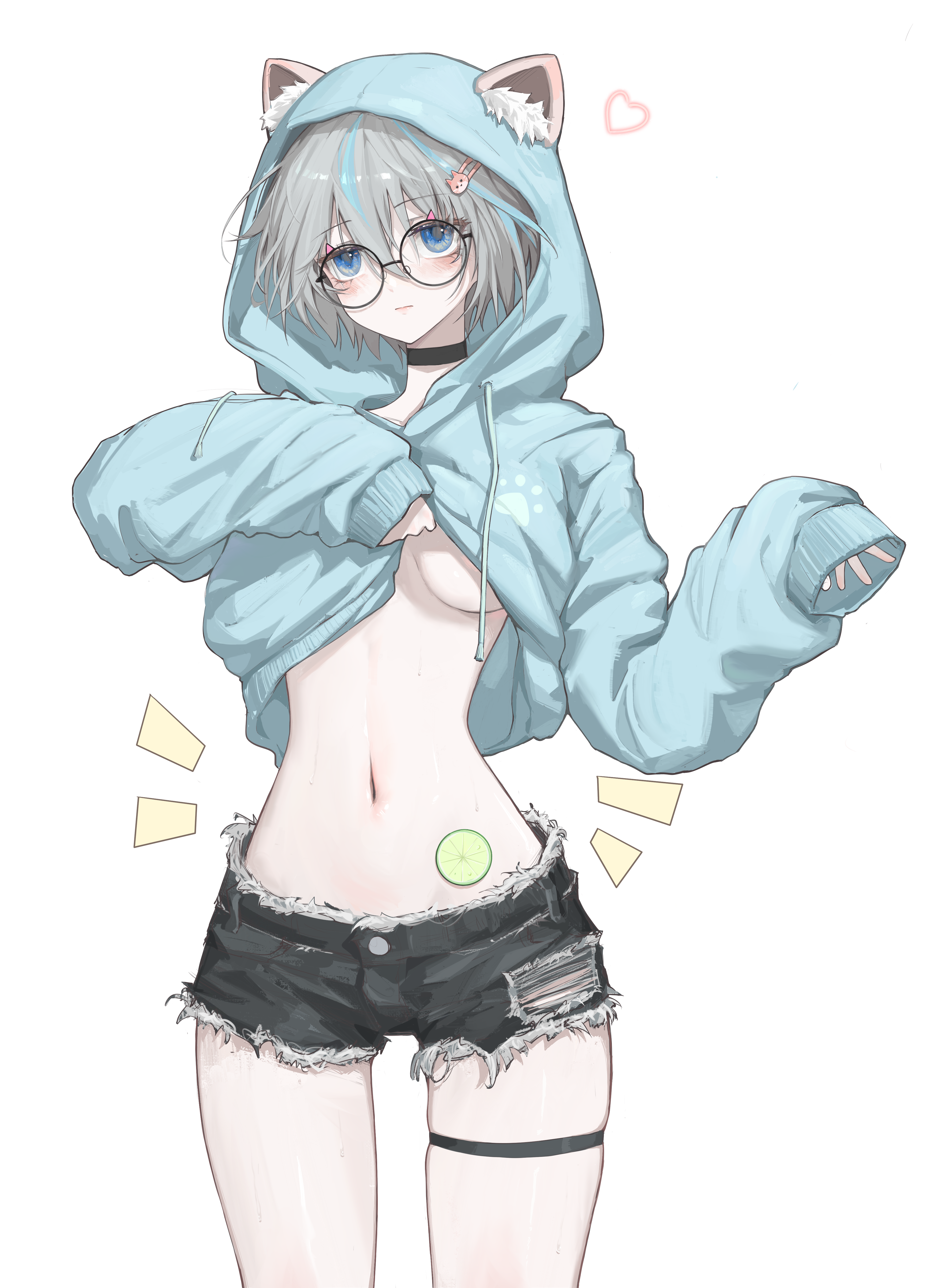 Anime 4000x5500 anime anime girls 2D digital art artwork looking at viewer belly belly button bare midriff white background blue eyes underboob shorts short shorts torn clothes blue hoodie glasses