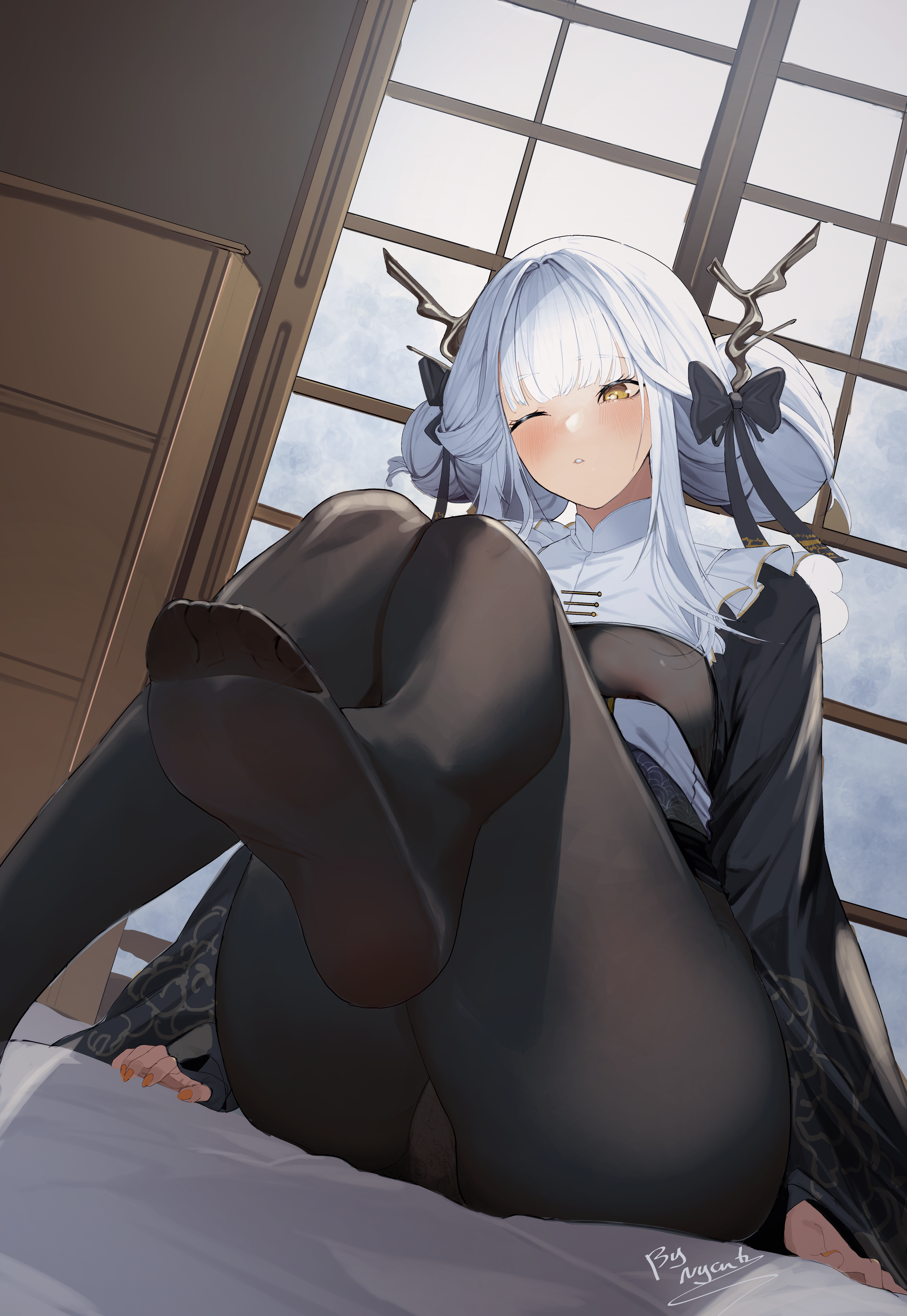 Anime 3397x4930 anime anime girls black stockings white hair yellow eyes low-angle sitting panties feet wide hips Blanc (Nikke) Nikke: The Goddess of Victory Nyahpa20 portrait display signature blushing one eye closed long hair indoors women indoors parted lips bent legs foot sole sunlight hair ribbon black ribbons