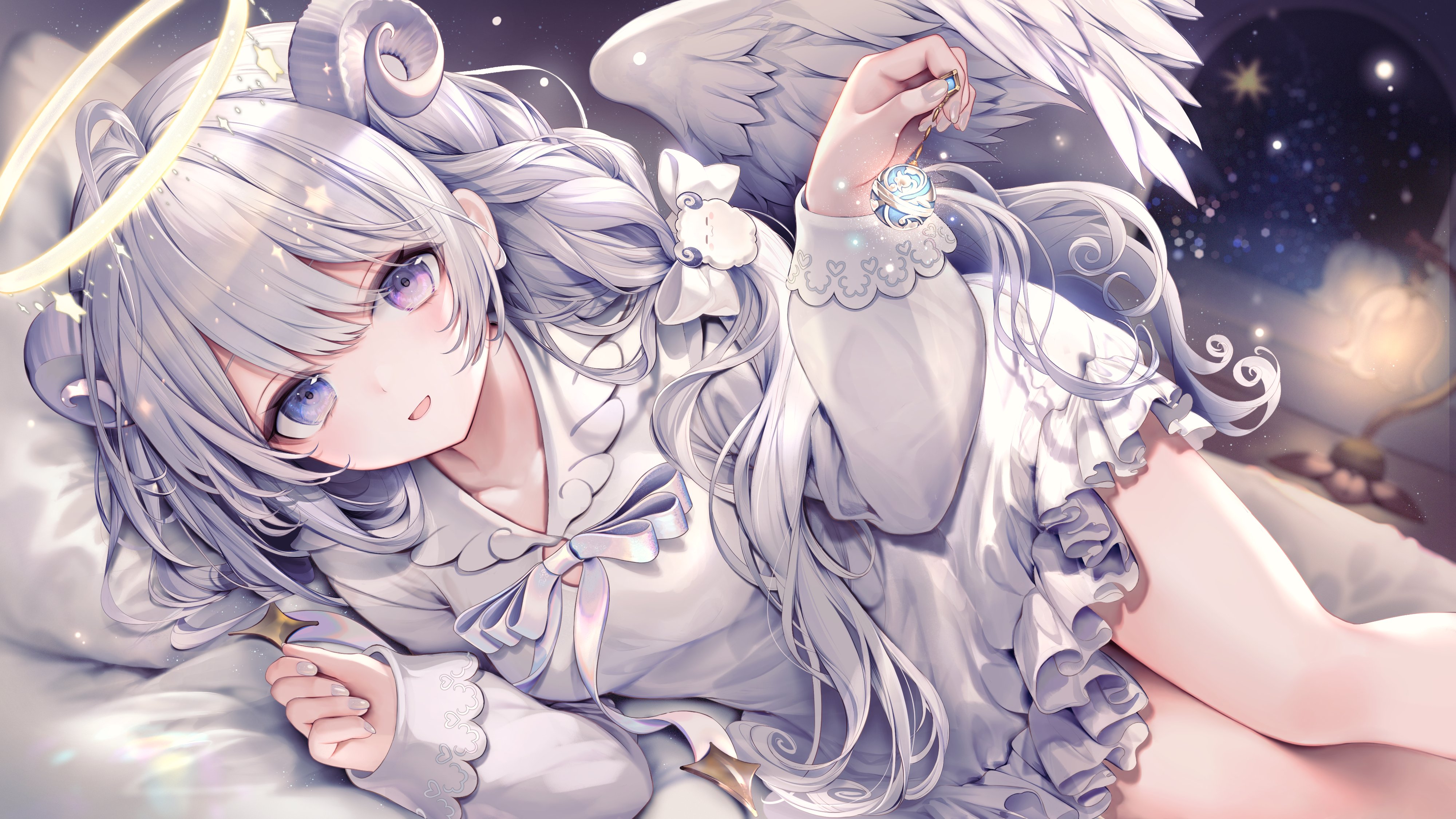 Anime 4000x2250 Yuno Hazumi angel silver hair bangs purple eyes long sleeves anime girl with wings painted nails halo lying down lying on side heterochromia long hair open mouth wings frill dress lamp bed indoors women indoors pillow in bed frills looking at viewer horns ahoge bright