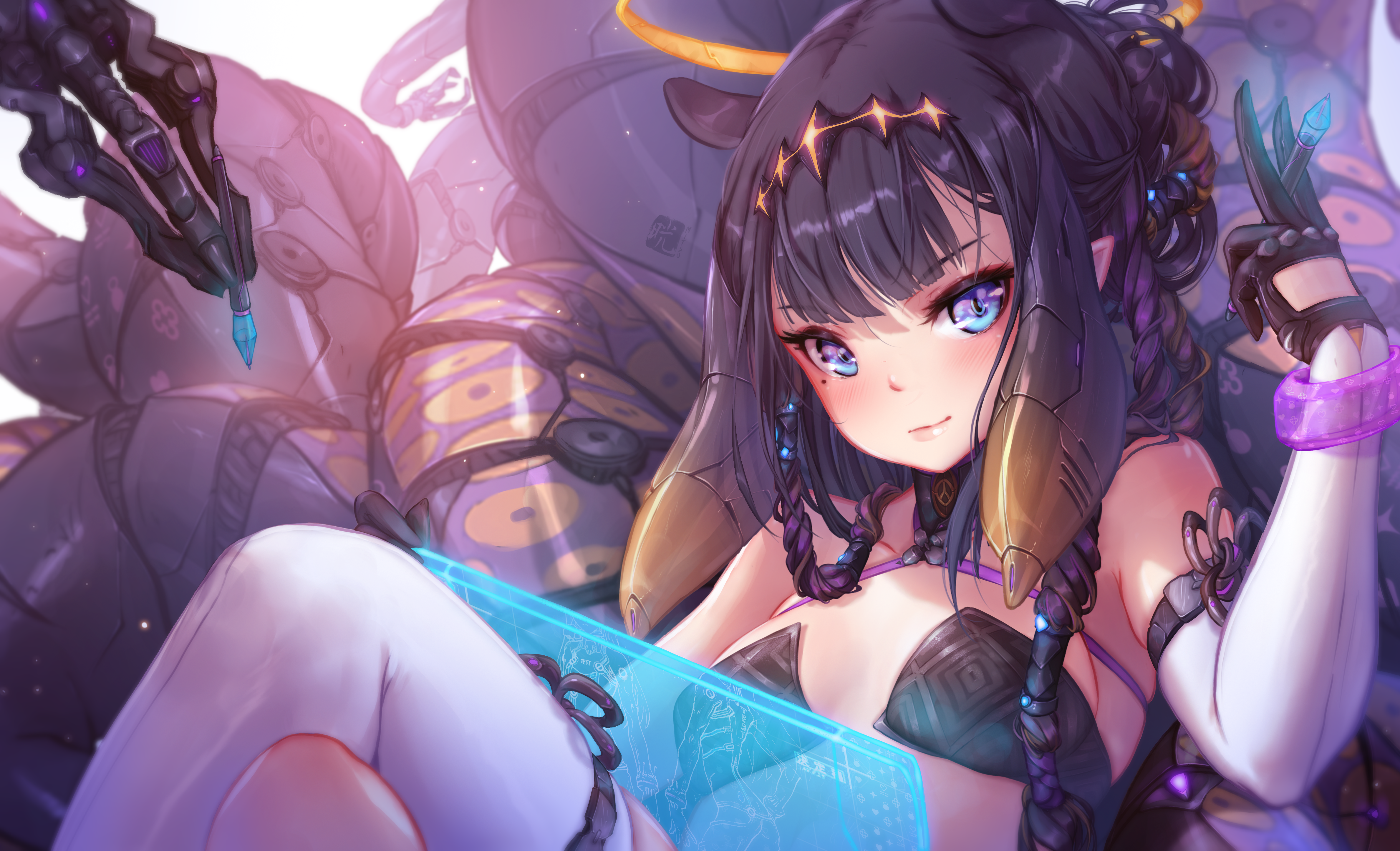 Anime 4755x2893 Mitsu blue eyes dark hair long hair Ninomae Ina'nis bangs looking at viewer moles mole under eye gloves gradient hair two tone hair legs crossed anime girls blushing tentacles Virtual Youtuber Hololive technology small boobs pointy ears watermarked smiling closed mouth
