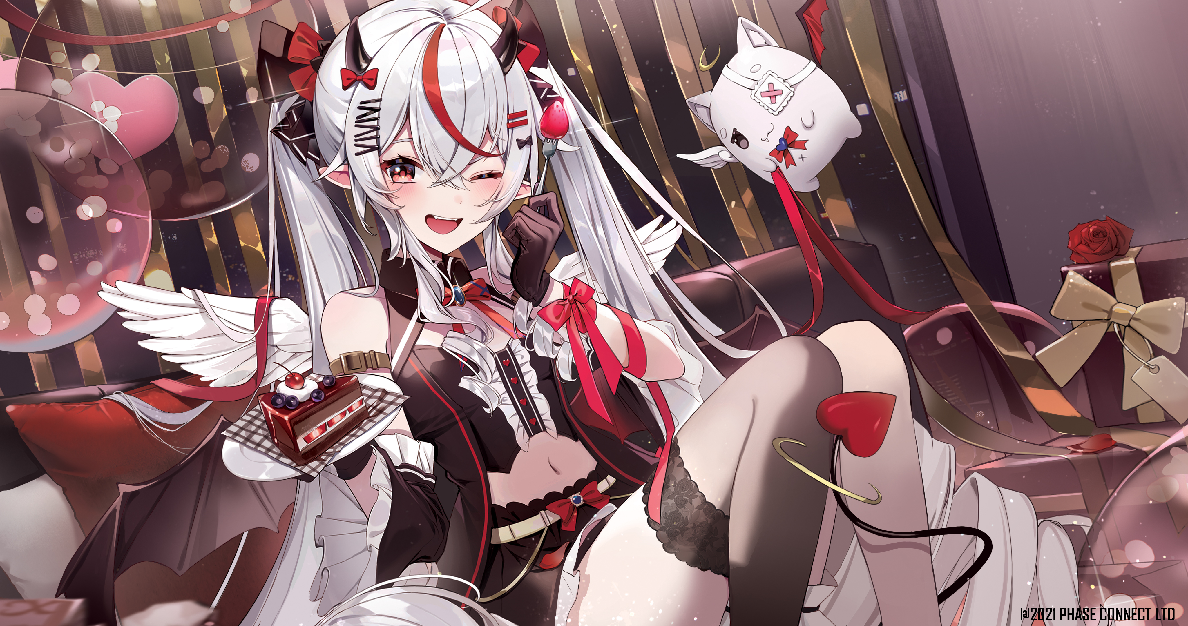 Anime 4096x2160 anime anime girls Virtual Youtuber Eumi two tone hair horns hair between eyes cake hair ribbon gloves twintails watermarked looking at viewer long hair belly missing stocking belly button bent legs demon girls demon tail hair ornament fork strawberries blueberries cherries open mouth blushing one eye closed smiling pointy ears stockings balloon presents heart (design) bare shoulders wings 2021 (year) demon horns cushions bare midriff detached sleeves ribbon plates