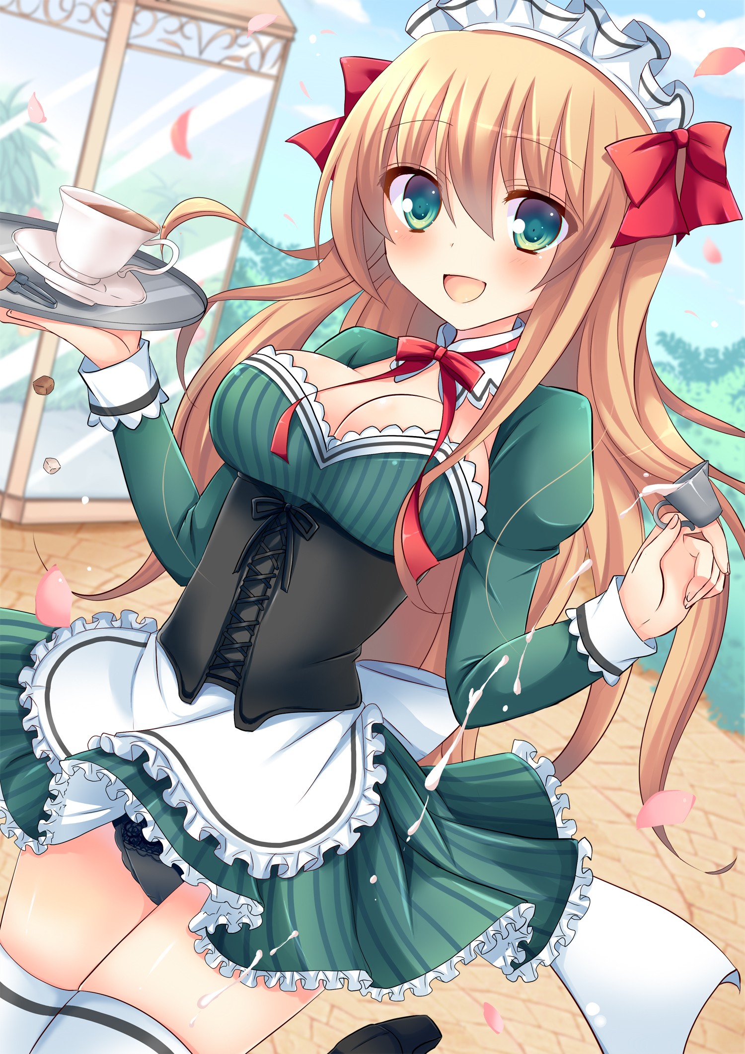 Anime 1500x2122 skirt anime girls smiling maid boobs long hair portrait display gokugetsu momo bow tie maid outfit open mouth looking at viewer thighs headdress green eyes hair between eyes frills cup drink tray petals hair ribbon panties stockings blushing