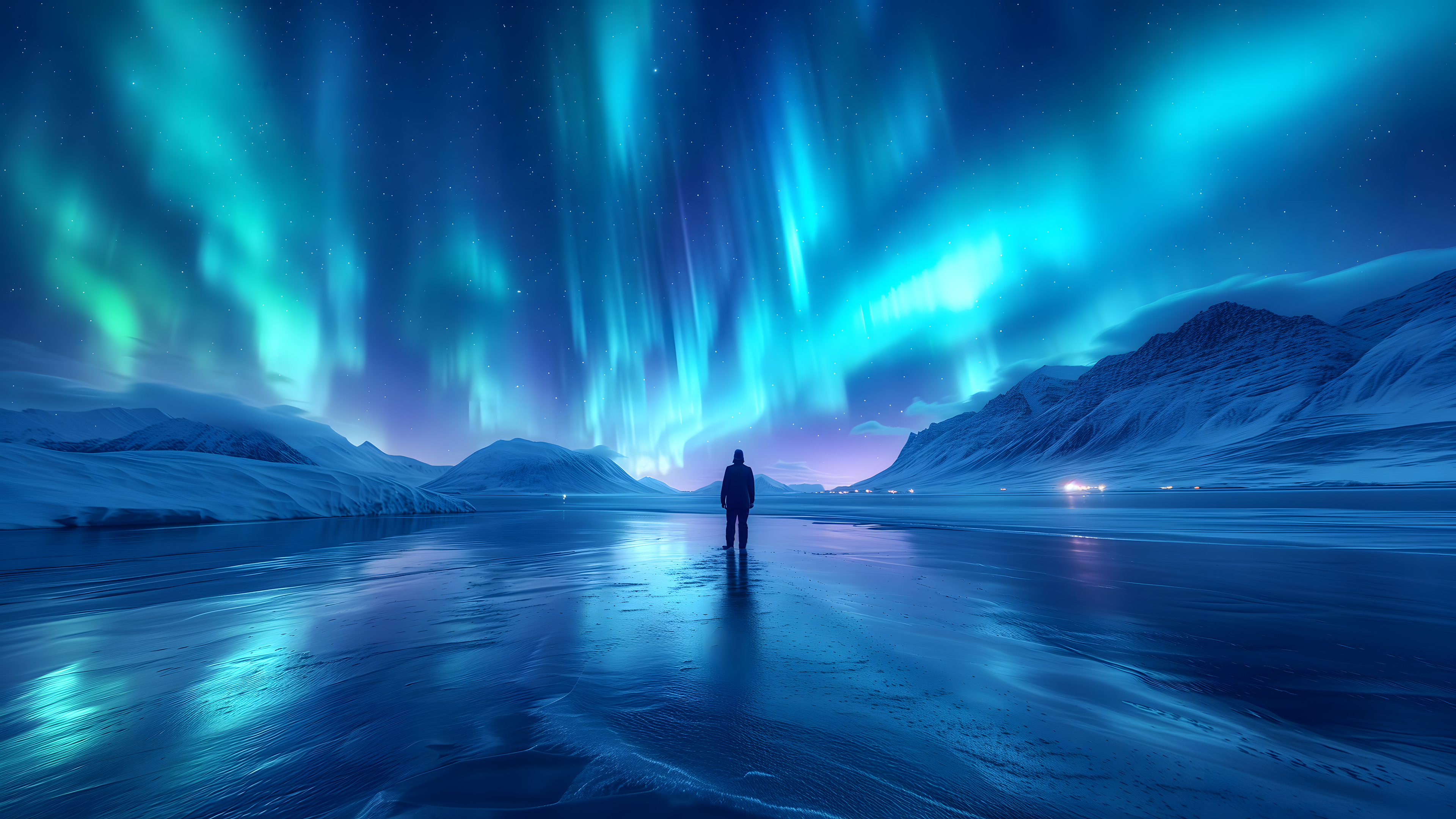 General 3840x2160 AI art landscape aurorae sky ice digital art standing outdoors starred sky looking into the distance stars starry night