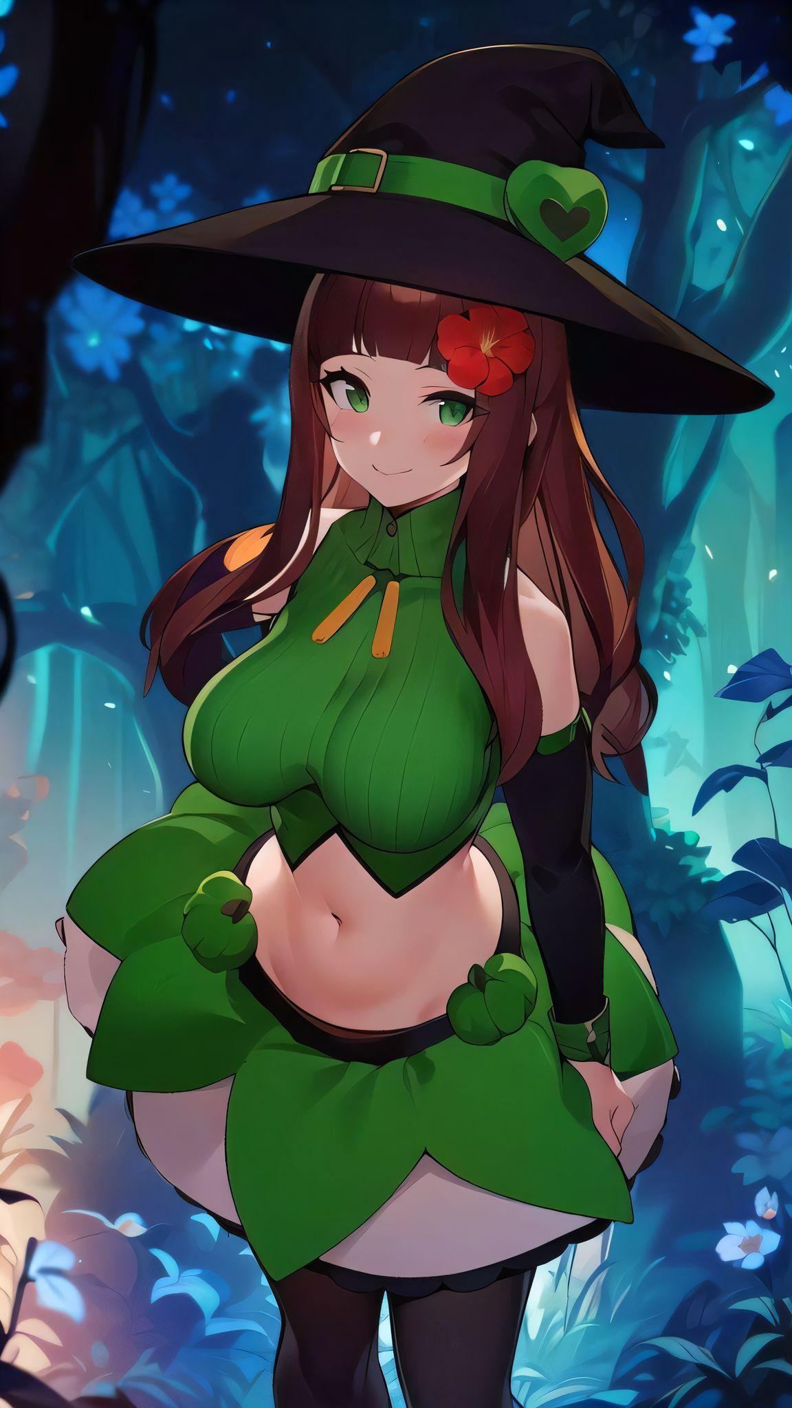 Anime 1152x2048 Emerald Elmwood original characters witch AI art green clothing brunette big boobs thigh high socks green eyes magic long hair portrait display skirt looking at viewer standing closed mouth smiling flower in hair blushing digital art bare shoulders slim body witch hat trees forest leaves sleeveless