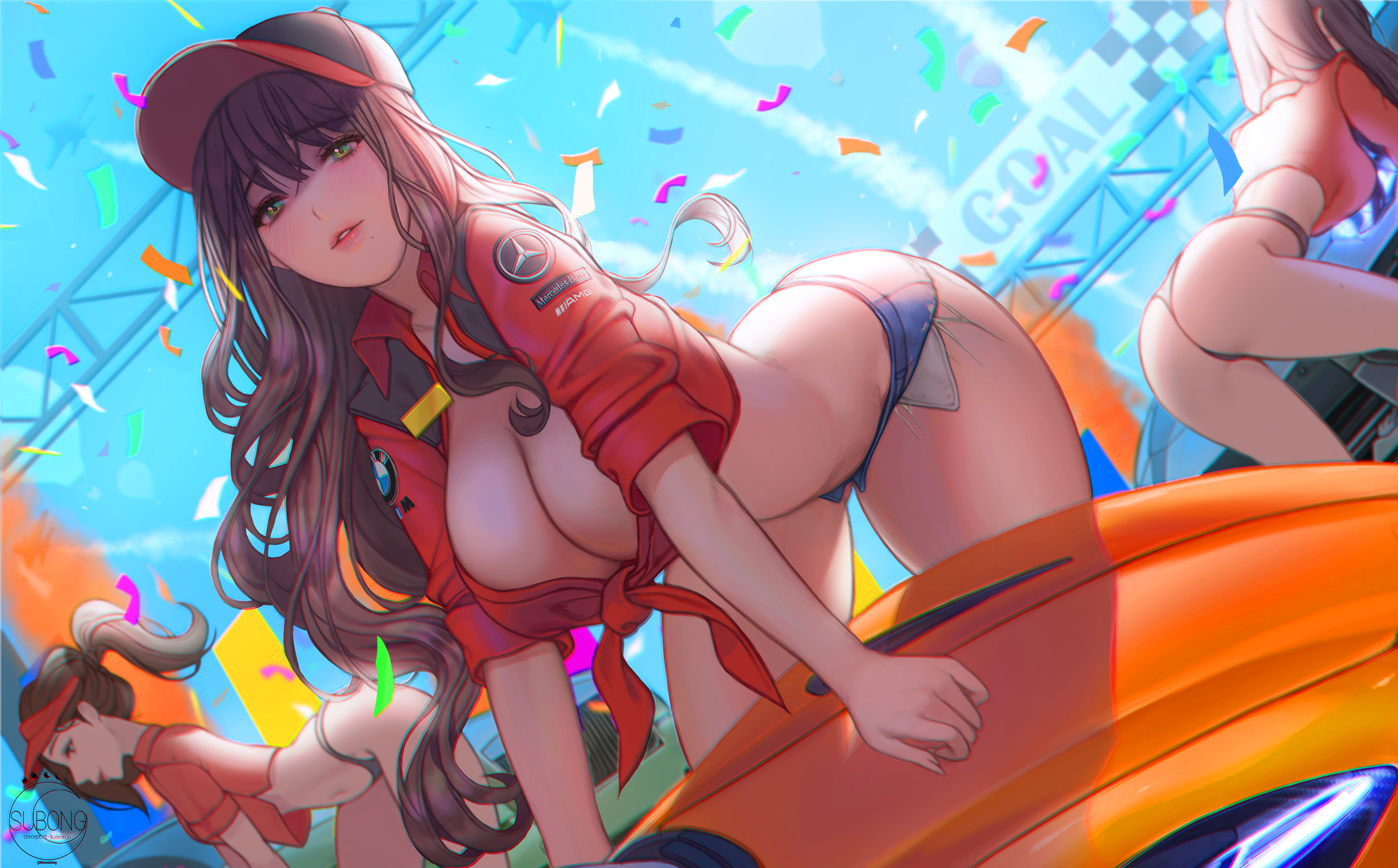 Anime 2815x1748 anime girls bent over Race Queen Outfit confetti looking at viewer red shirt huge breasts women trio group of women low-angle parted lips open clothes blurry background shorts jean shorts short shorts long hair arched back tied top bikini bottoms brunette women outdoors baseball cap green eyes Subong Mercedes-Benz Product Placement car thighs ass hat BMW depth of field cleavage race cars open shirt ponytail hair between eyes anime