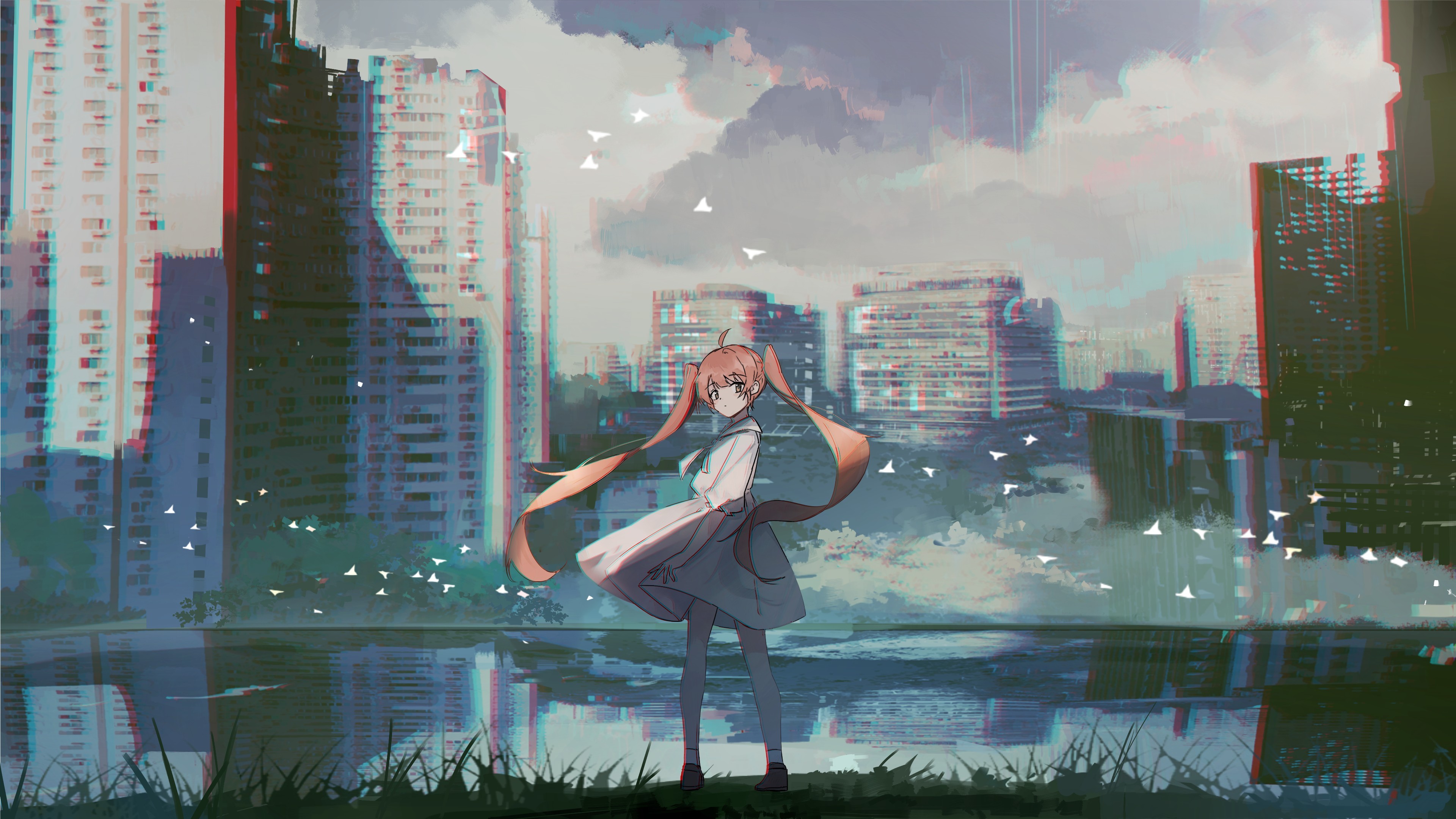 Anime 3840x2160 anime anime girls looking over shoulder sky axleaki looking at viewer wind dress water building reflection looking back long hair twintails standing leaves short sleeves outdoors women outdoors