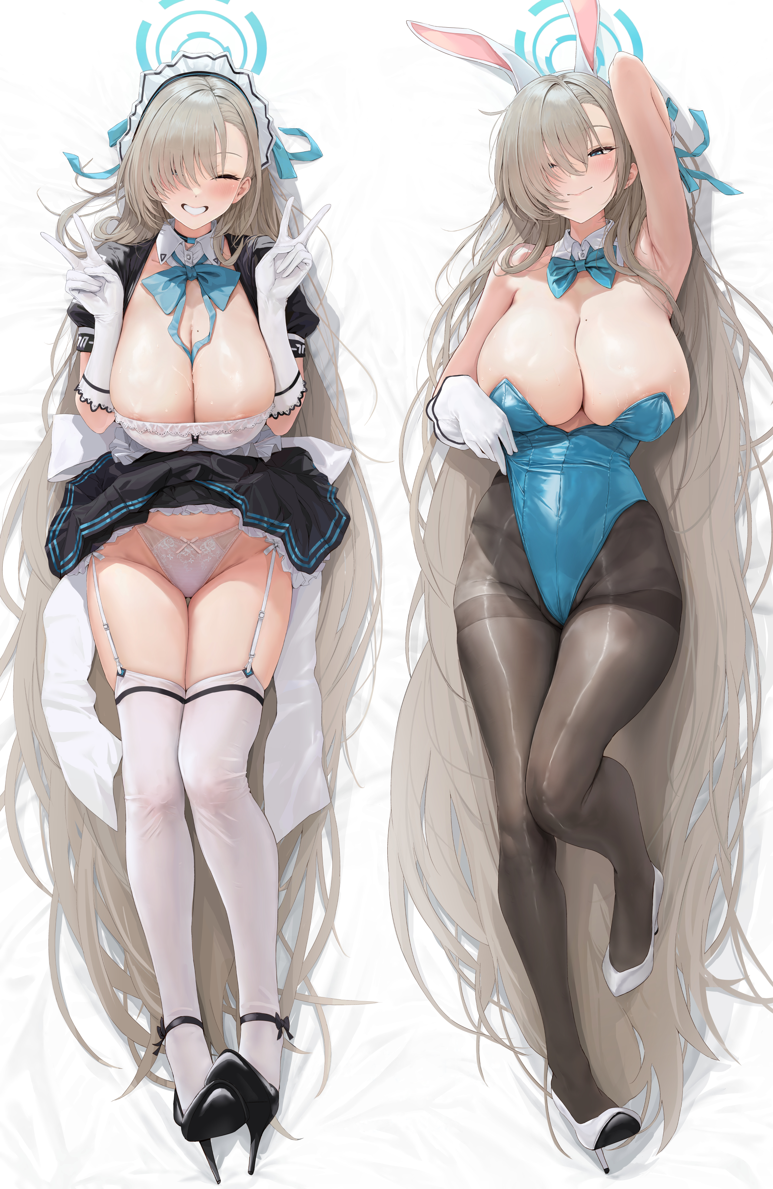 Anime 2552x3921 anime girls Blue Archive video games Akita Hika Asuna Ichinose animal ears bunny ears bunny girl dakimakura heels no bra pantyhose portrait display cleavage huge breasts stockings garter straps long hair smiling closed eyes hair over one eye armpits gloves white gloves lying down lying on back bunny suit bow tie blue bow blue ribbons ribbon skirt frills panties one arm up blonde blue eyes closed mouth maid outfit maid thighs