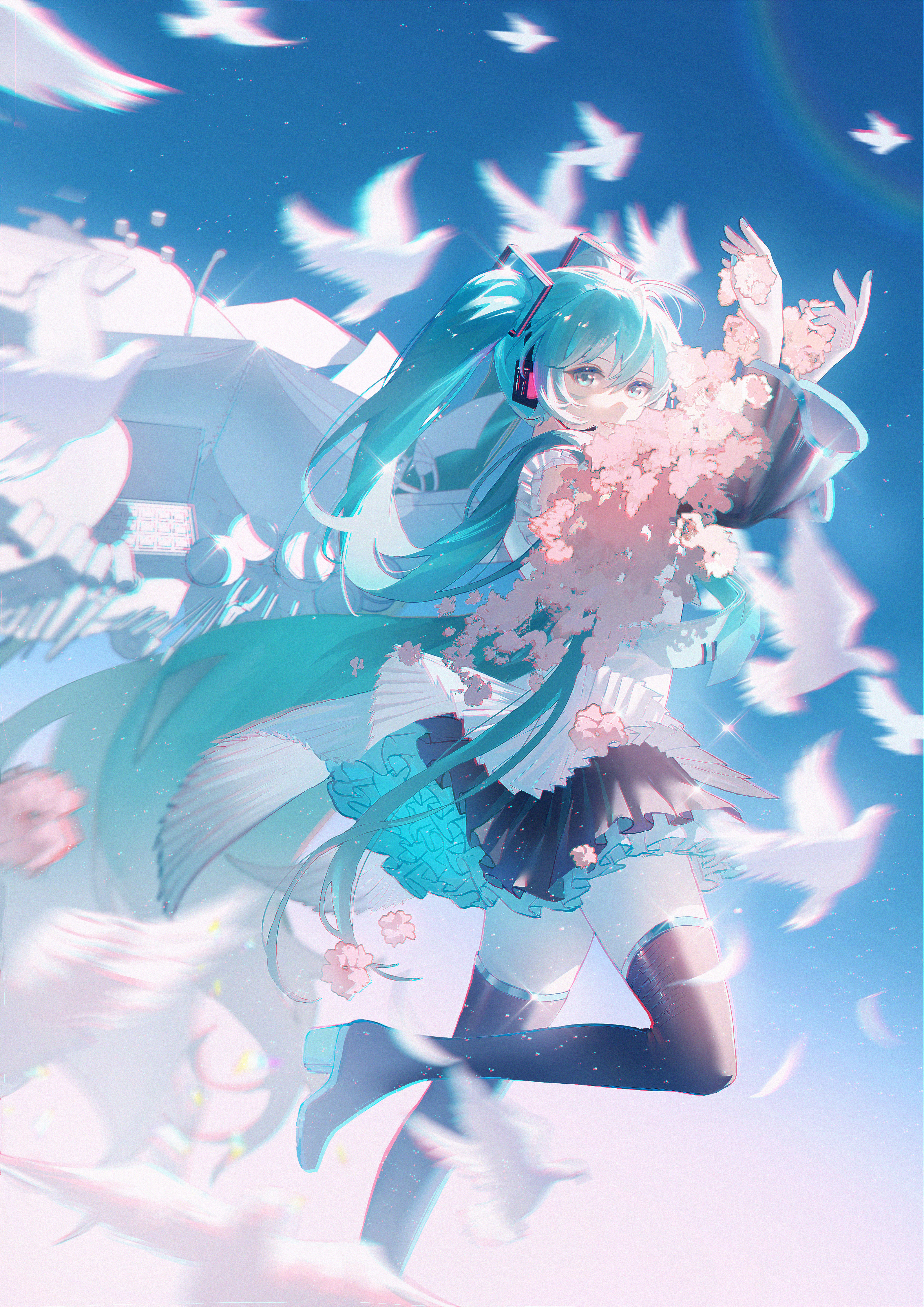 Anime 3190x4513 anime anime girls Hatsune Miku Vocaloid ji ye fan sheng long hair hair between eyes birds looking at viewer animals blue hair blue eyes stockings motion blur sparkles sunlight parted lips smiling chromatic aberration sky heels skirt frills outdoors women outdoors portrait display tie sleeveless dove blue nails painted nails headphones twintails sidelocks necktie pencils scissors musical instrument paper paint brushes