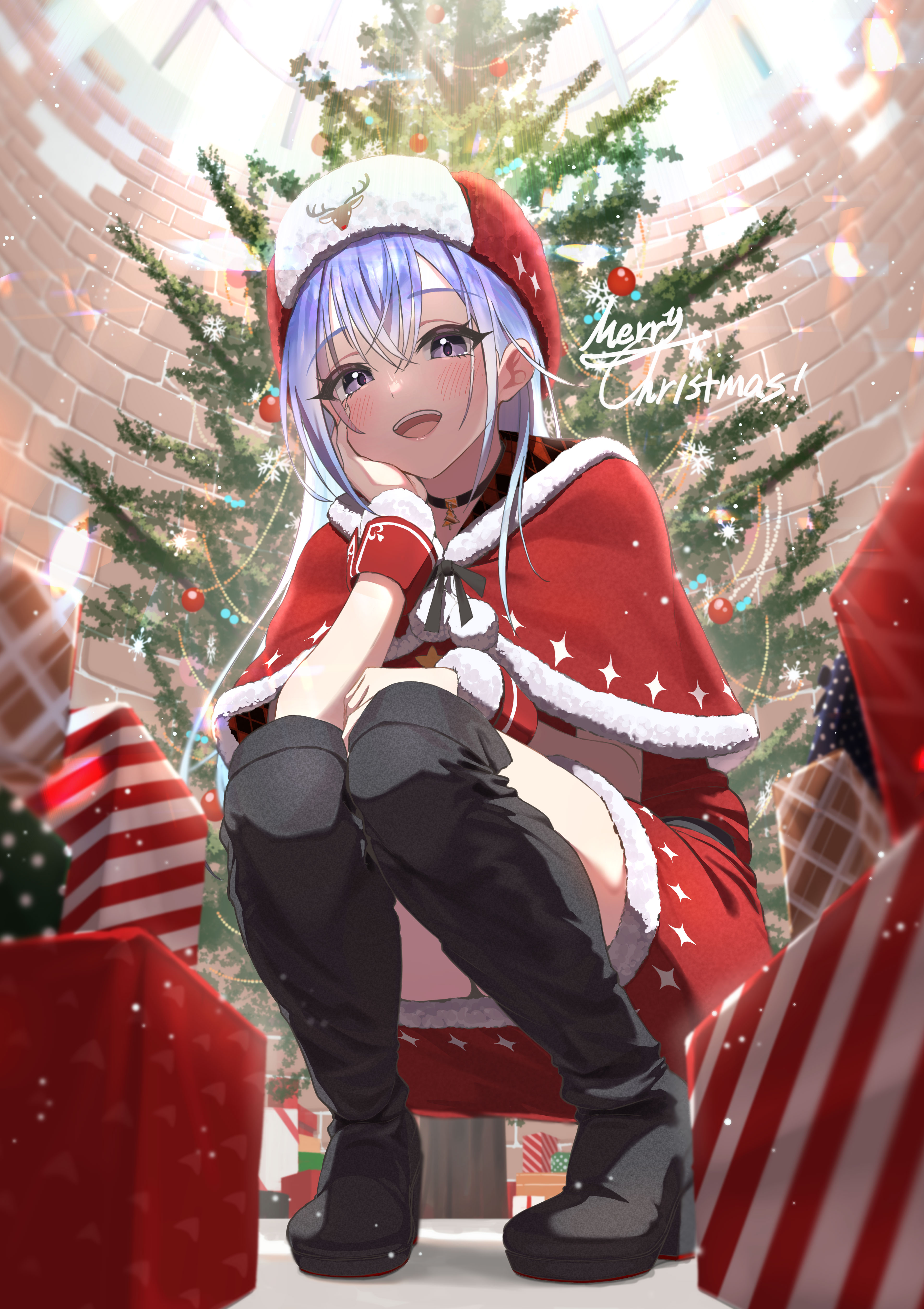 Anime 3541x5016 THE iDOLM@STER capelet portrait display anime girls Suzuki Hana squatting looking at viewer presents black boots Christmas tree Christmas presents boots Christmas Greeting fir-tree Christmas ornaments  hat Christmas clothes blushing blue hair Santa costume hand on face red dress open mouth smiling purple eyes long hair wrist cuffs low-angle snowflakes snowing Christmas arm support snow high heeled boots worm's eye view thighs Kaiso fur trim box hair between eyes fur bent legs