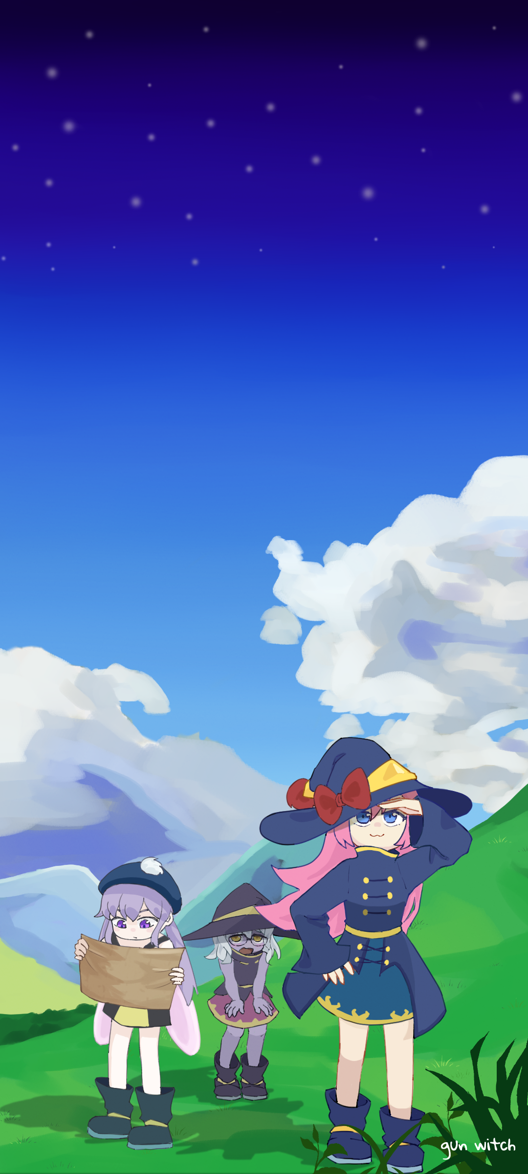 Anime 1080x2400 gun_witch nature adventurers colorful mountains anime girls looking away leaves signature smiling glasses women with glasses outdoors women outdoors portrait display standing sky clouds stars map hat witch hat hair between eyes tired grass