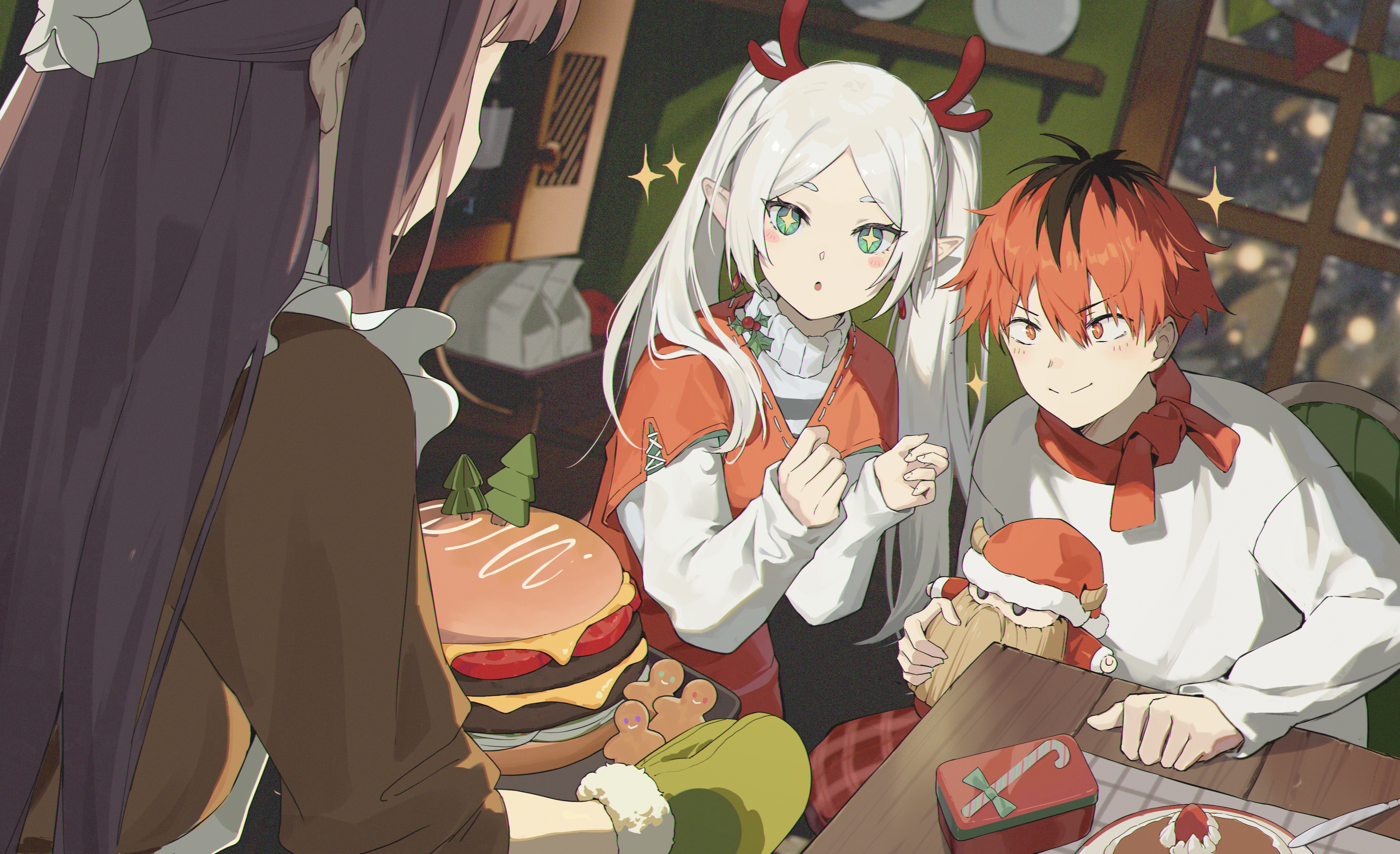 Anime 3978x2426 Sousou No Frieren Frieren anime girls anime boys Fern (Sousou No Frieren) Stark (Sousou no Frieren) pointy ears Christmas Christmas clothes elves two women long sleeves looking at viewer long hair Christmas ornaments  food white apron glowing eyes twintails hair ornament burgers white sweater red scarfs indoors Eisen (Sousou no Frieren) plush toy smiling sparkles cookies cake window Luman antlers anime hair between eyes