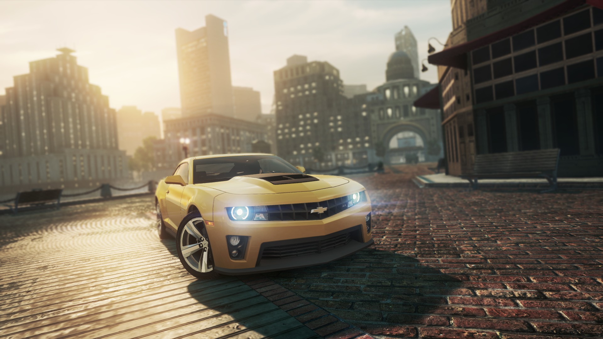 General 1920x1080 Need for Speed Need for Speed: Most Wanted Chevrolet muscle cars Electronic Arts vehicle Chevrolet Camaro building frontal view headlights American cars sunlight video games car sky video game art screen shot yellow cars