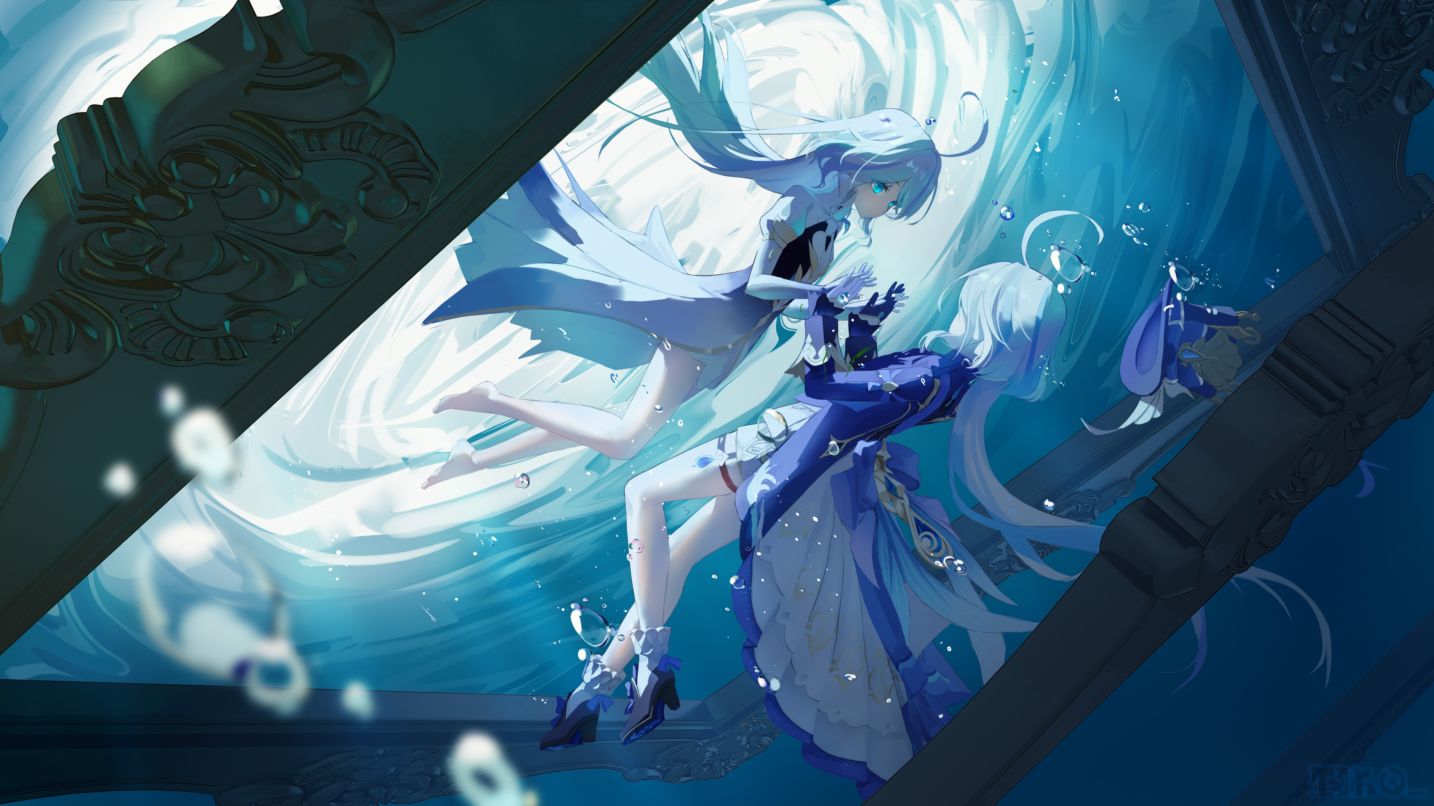 Anime 6000x3375 anime anime girls Furina (Genshin Impact) Genshin Impact water holding hands tailcoat mismatched gloves heels bubbles two tone hair long hair blue hair underwater shorts ahoge top hat hat blue eyes frill dress frills
