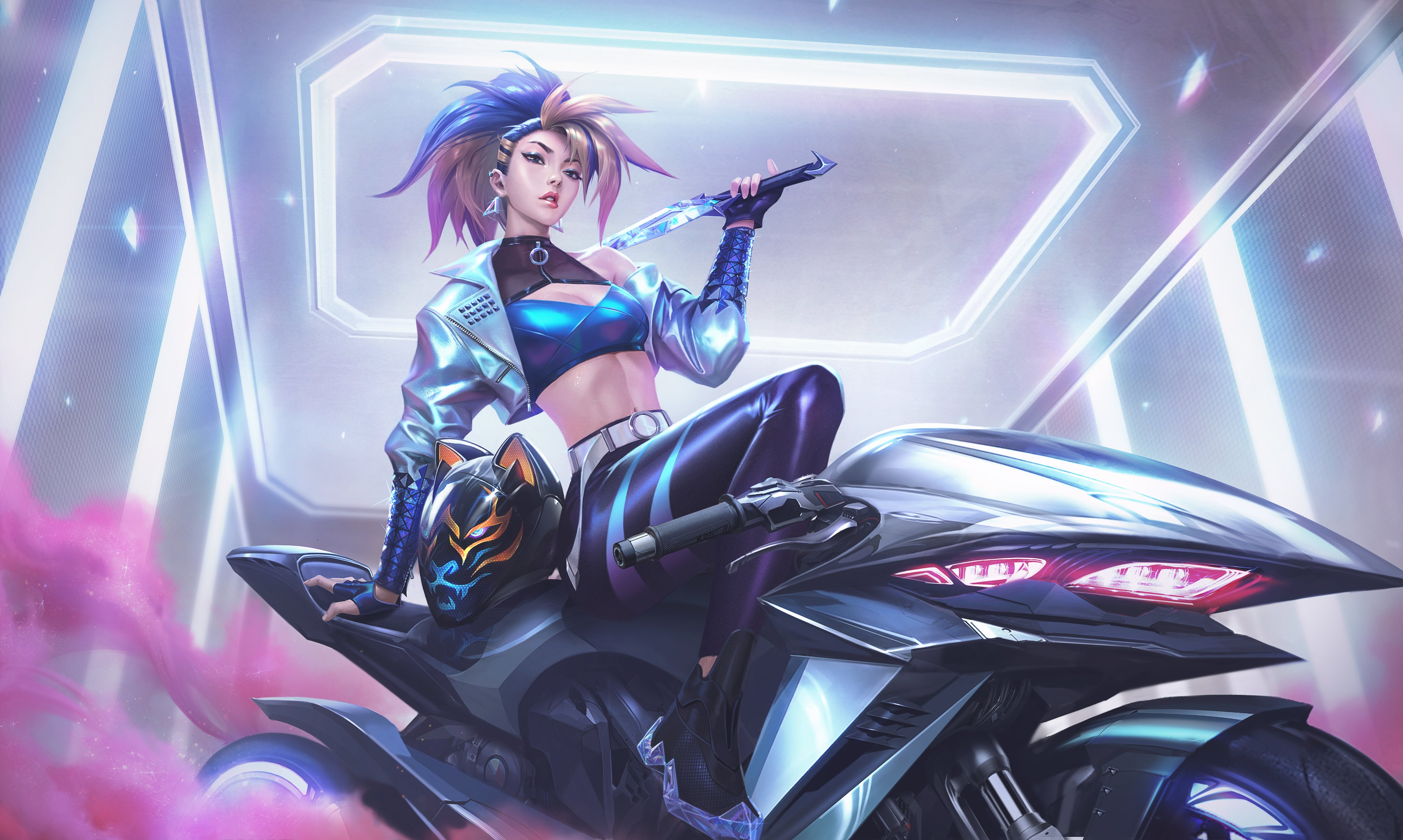 General 4096x2454 League of Legends helmet motorcycle smoke weapon crop top open jacket cleavage long hair fingerless gloves headlights earring Akali (League of Legends) two tone hair vehicle looking at viewer knife gloves sitting lights biting lips Riot Games video game characters women with motorcycles video games