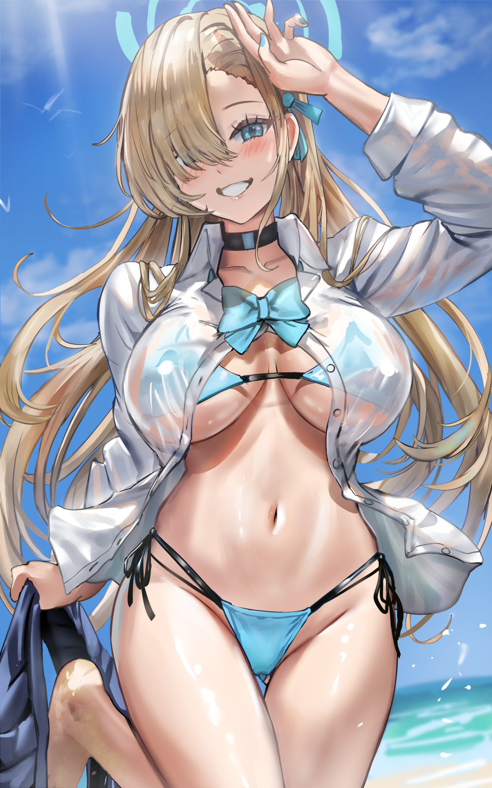 Anime 1000x1602 huge breasts Blue Archive undressing beach hair over one eye smiling Asuna Ichinose sunlight video game girls water portrait display blushing looking at viewer long hair bikini the gap sky blonde hair ribbon blue ribbons ribbon anime girls bow tie choker blue nails butt fangs Qian Wu Atai wet wet clothing long sleeves clouds