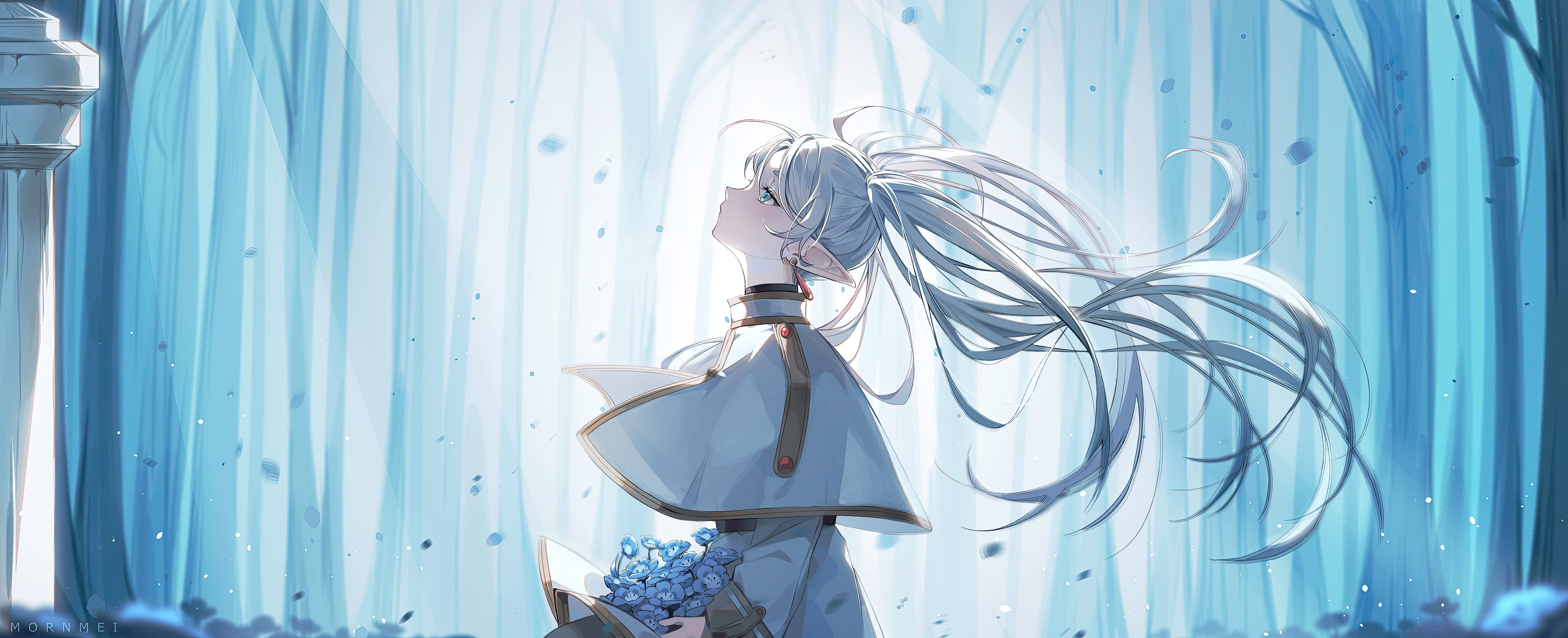Anime 6800x2768 Sousou No Frieren Frieren pointy ears looking up profile white hair anime girls long hair flowers mornmei trees petals cape capelet twintails earring forest gems backlighting gemstones outdoors women outdoors high collar green eyes elves