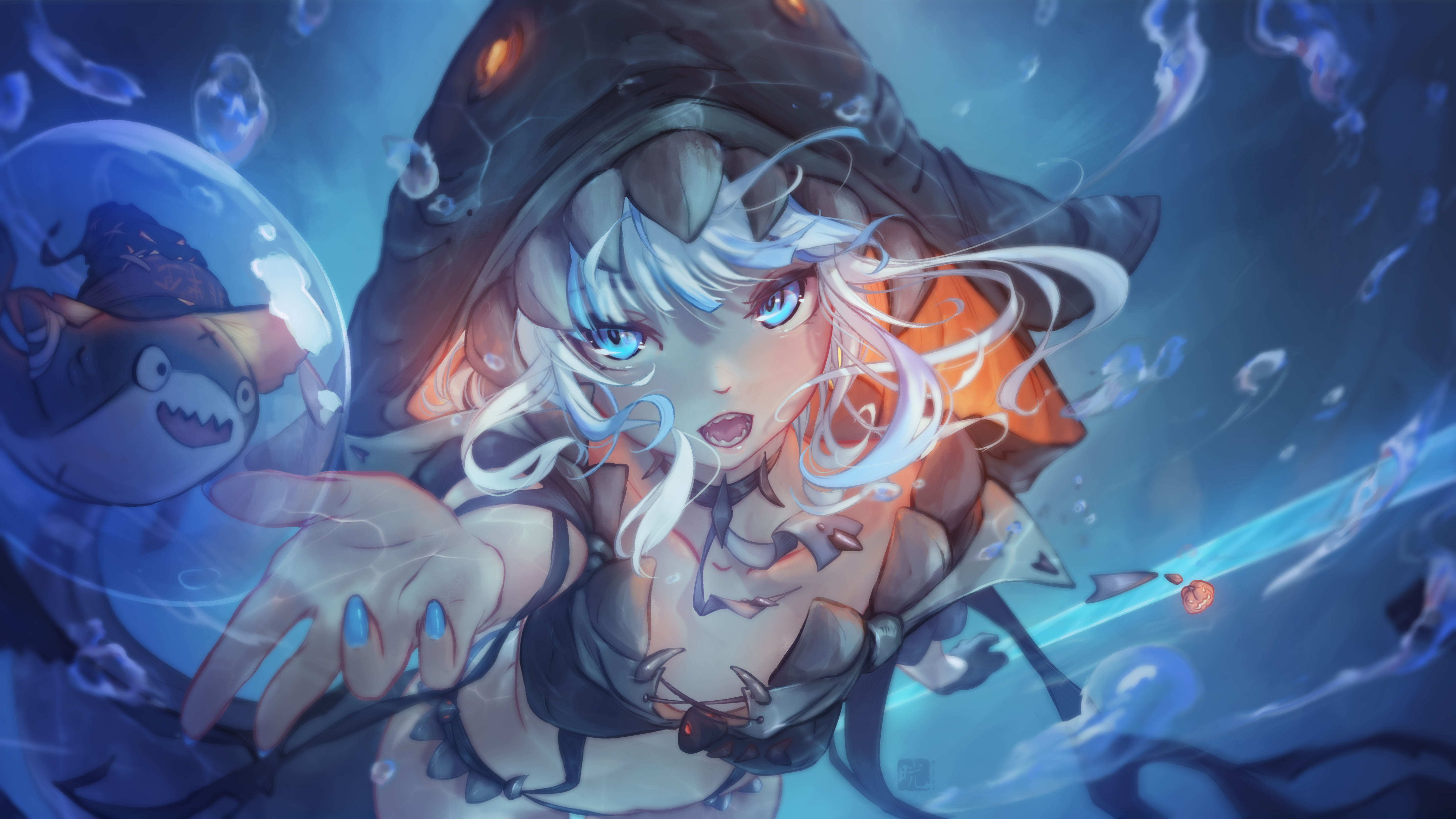 Anime 5760x3240 Mitsu Gawr Gura silver hair blue eyes Virtual Youtuber hoods pointy teeth small boobs looking at viewer in water open mouth underwater two tone hair long hair arms reaching gloves missing glove anime girls watermarked water animals blue nails painted nails Hololive