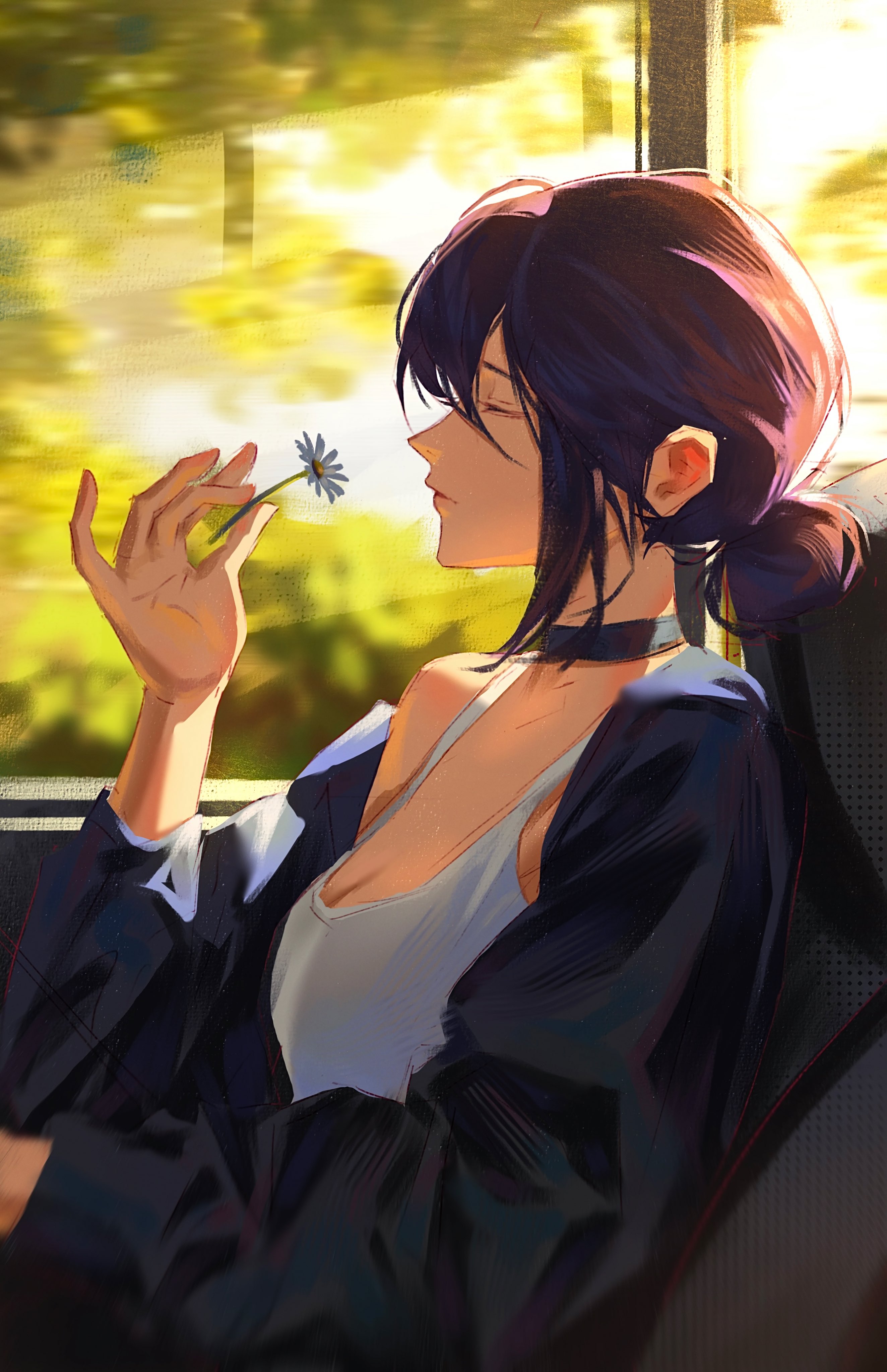 Anime 2647x4096 Reze (Chainsaw Man) anime anime girls choker black hair white shirt sleeveless hairbun hair between eyes jacket solo sitting portrait display closed eyes Chainsaw Man sunlight closed mouth short hair one bare shoulder window off shoulder cleavage Kozzzy
