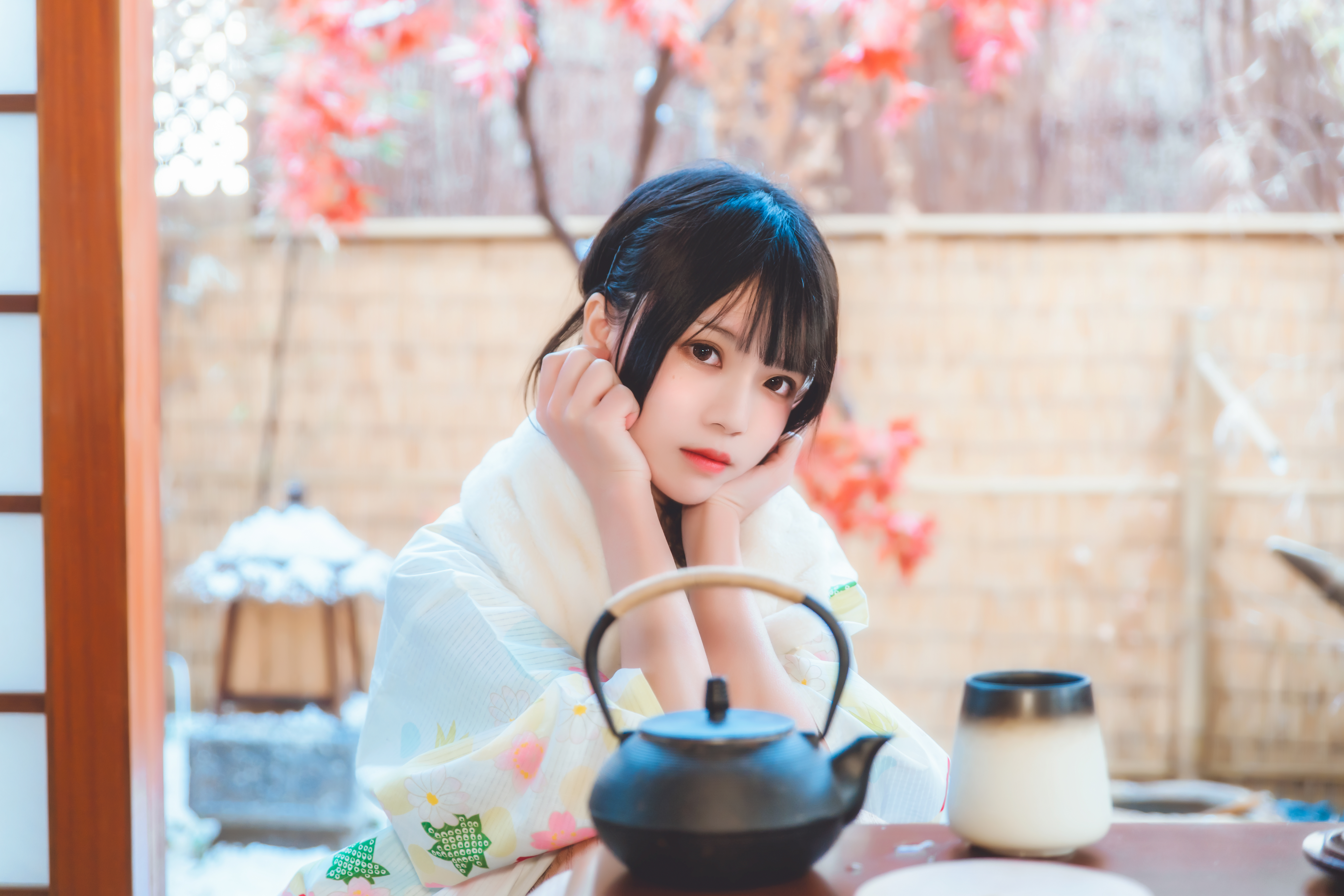 People 7952x5304 CherryNeko black hair kimono lips Asian women tea teapot