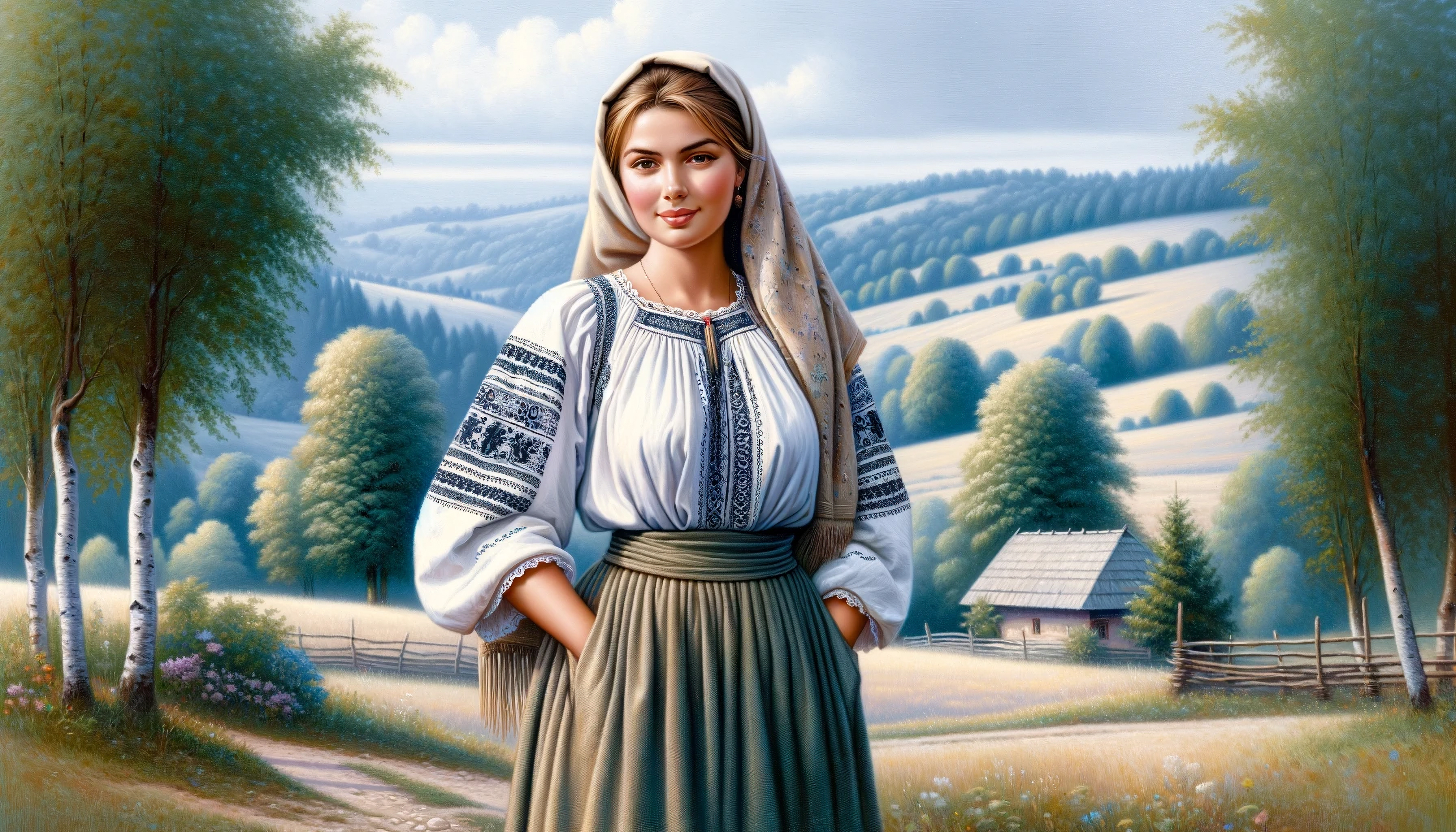 General 3584x2048 AI art digital art women outdoors portrait landscape women outdoors long hair closed mouth smiling looking at viewer standing hands in pockets scarf trees clouds flowers hills traditional clothing