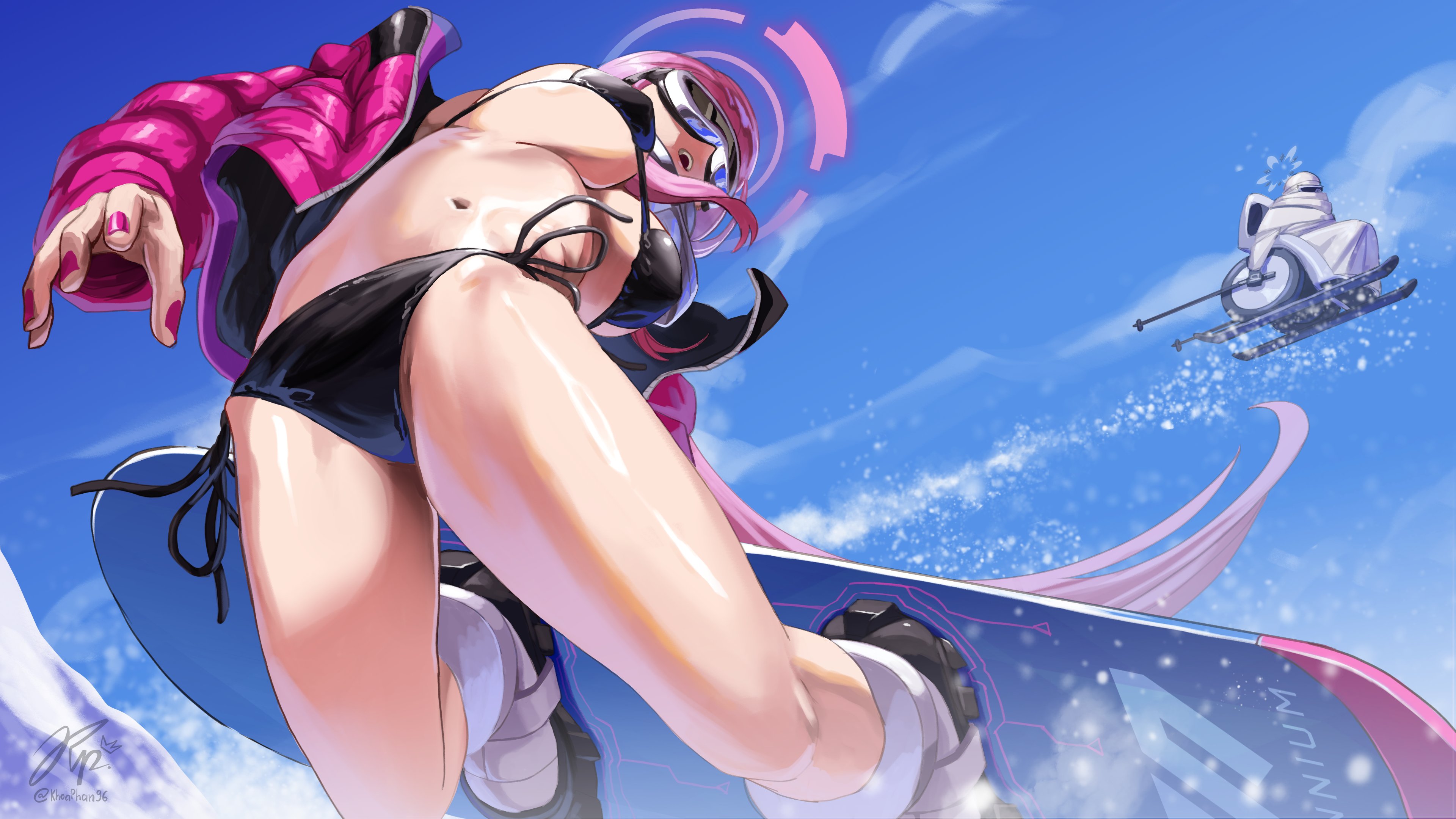 Anime 3840x2160 Blue Archive swimwear black bikinis pink jacket Izumimoto Eimi skiing low-angle snowboards Ski Goggles long sleeves Khoaphan96 signature Akeboshi Himari (Blue Archive) two women wheelchair open jacket pink nails open mouth big boobs sky clouds snow winter clothing ponytail thighs women outdoors long hair pink hair