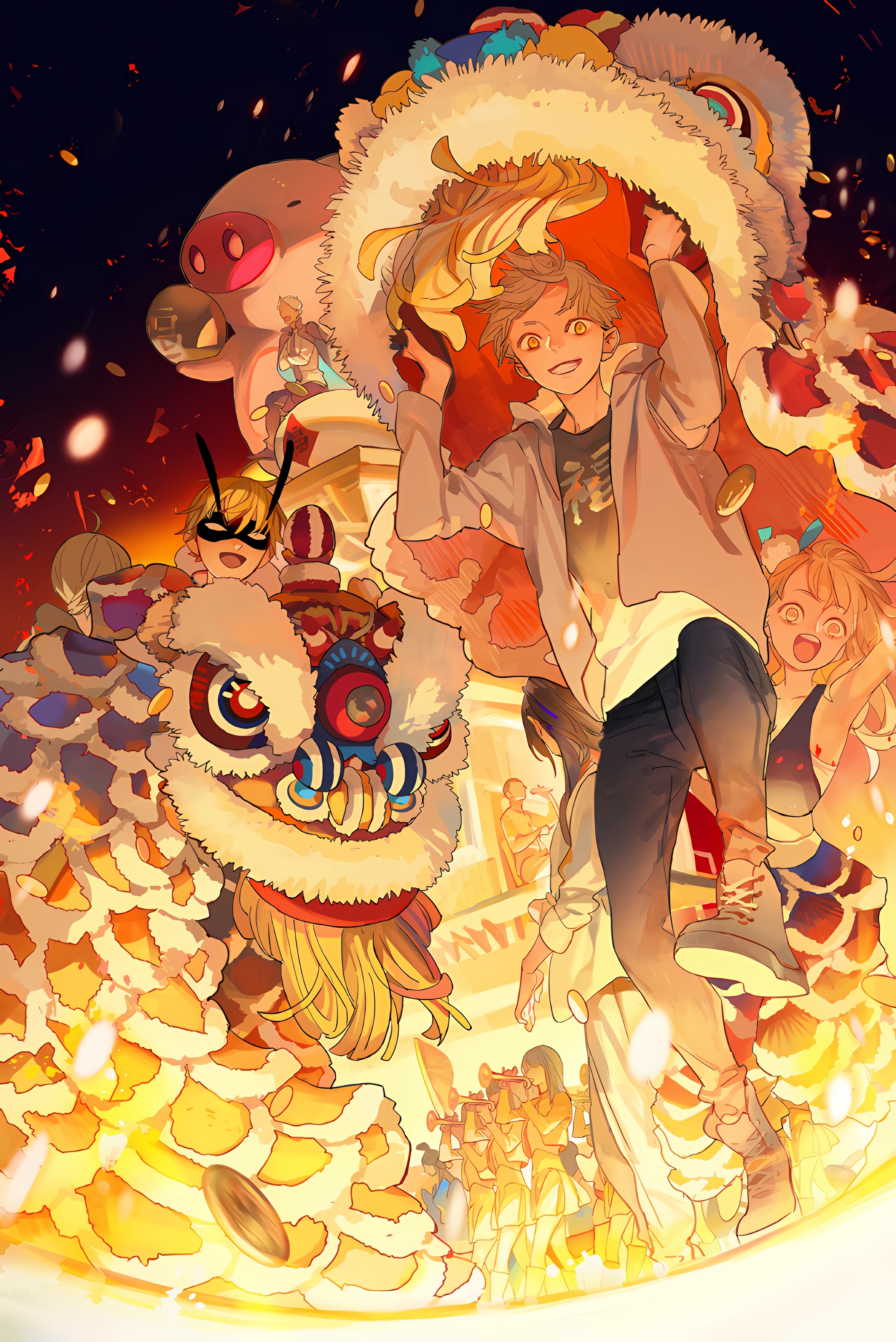 Anime 2760x4132 tanjiu9 anime colorful anime boys festivals portrait display looking at viewer smiling short hair yellow eyes open mouth anime girls armpits trumpet musical instrument blonde jacket face mask ahoge pigs animals