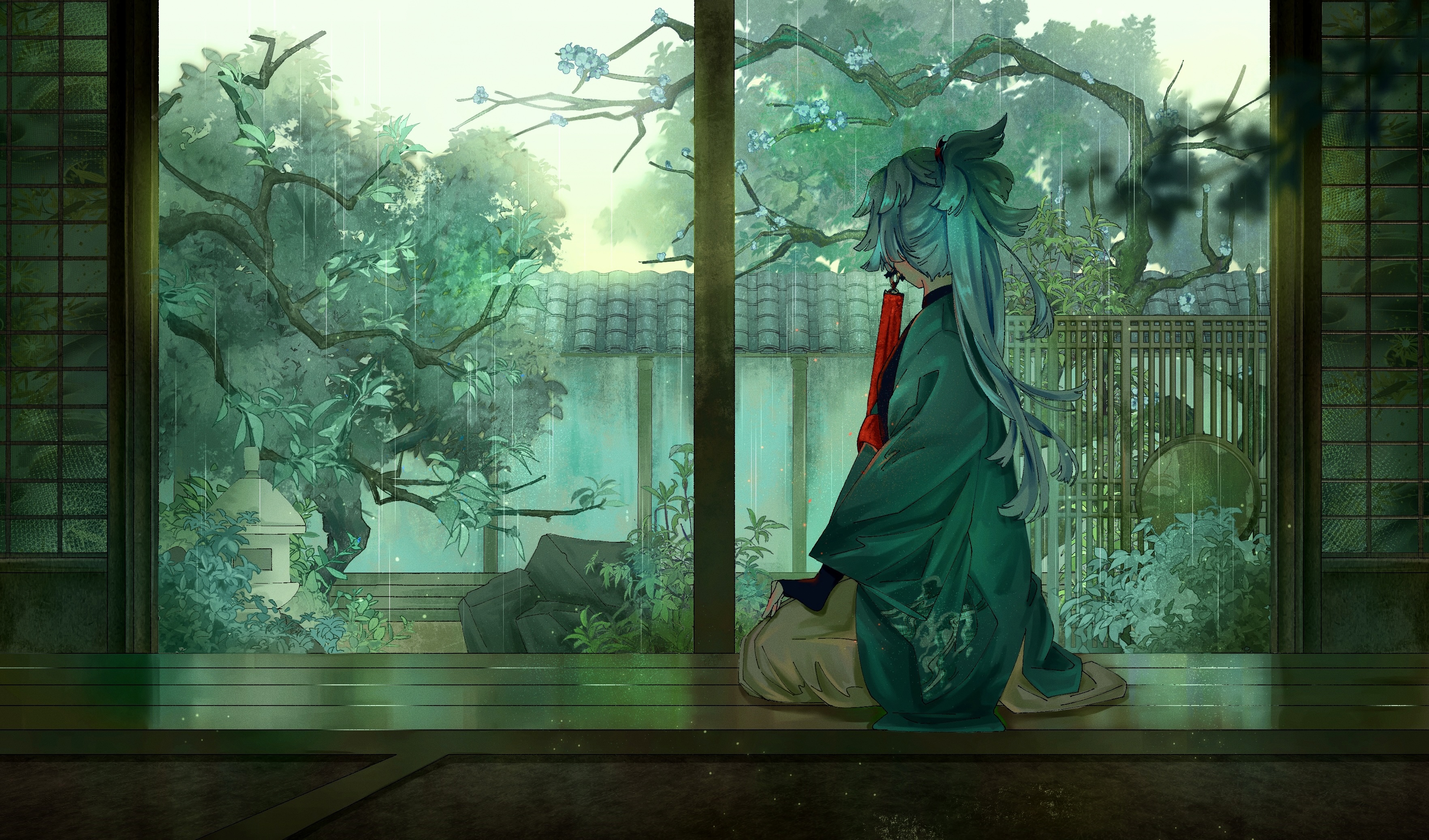 Anime 3527x2074 Fate series looking away Yui Shousetsu (Fate) rain kimono Japanese clothes long hair hoop earrings kneeling cherry blossom looking out window trees Asian architecture jewelry gray hair long sleeves dhsauce ponytail hakama sitting