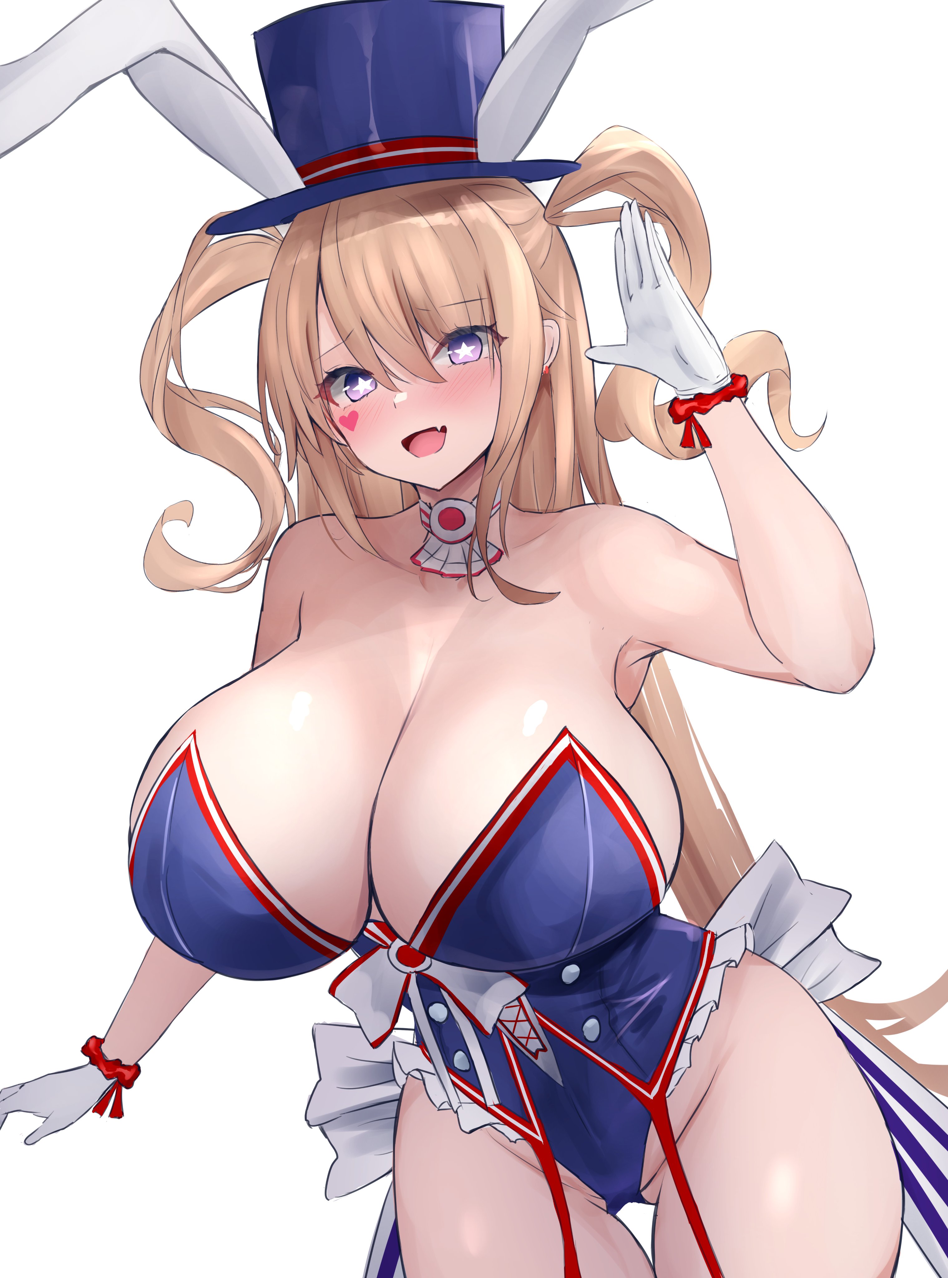 Anime 3038x4096 Guam (Azur Lane) blonde video game girls smiling Yuuki Shuri open mouth huge breasts cleavage bare shoulders gloves white gloves the gap simple background frills white background standing star eyes Azur Lane hair between eyes blushing minimalism twintails long hair heart (design) thighs bunny suit bunny ears blue leotard anime girls portrait display hat top hat