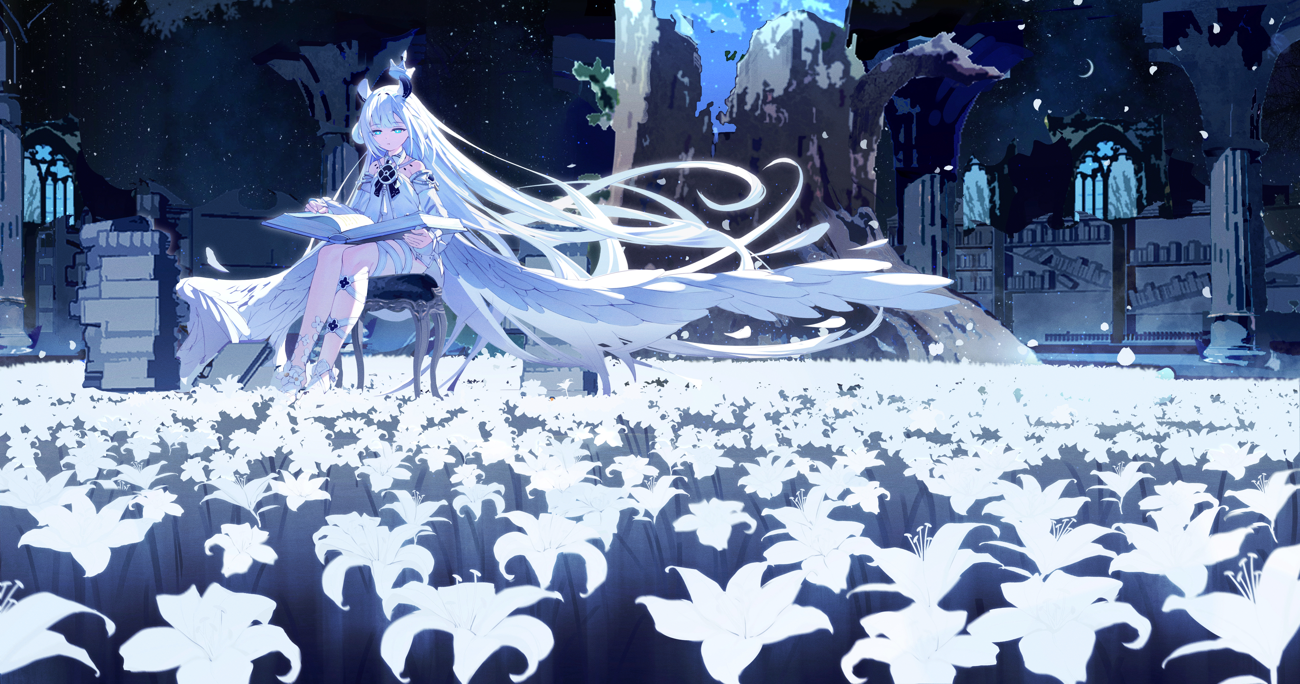 Anime 4488x2362 anime anime girls long hair flowers field crescent moon petals reading sitting blue eyes Wangman_435 chair blue hair white clothing hair blowing in the wind wind shelves books wings
