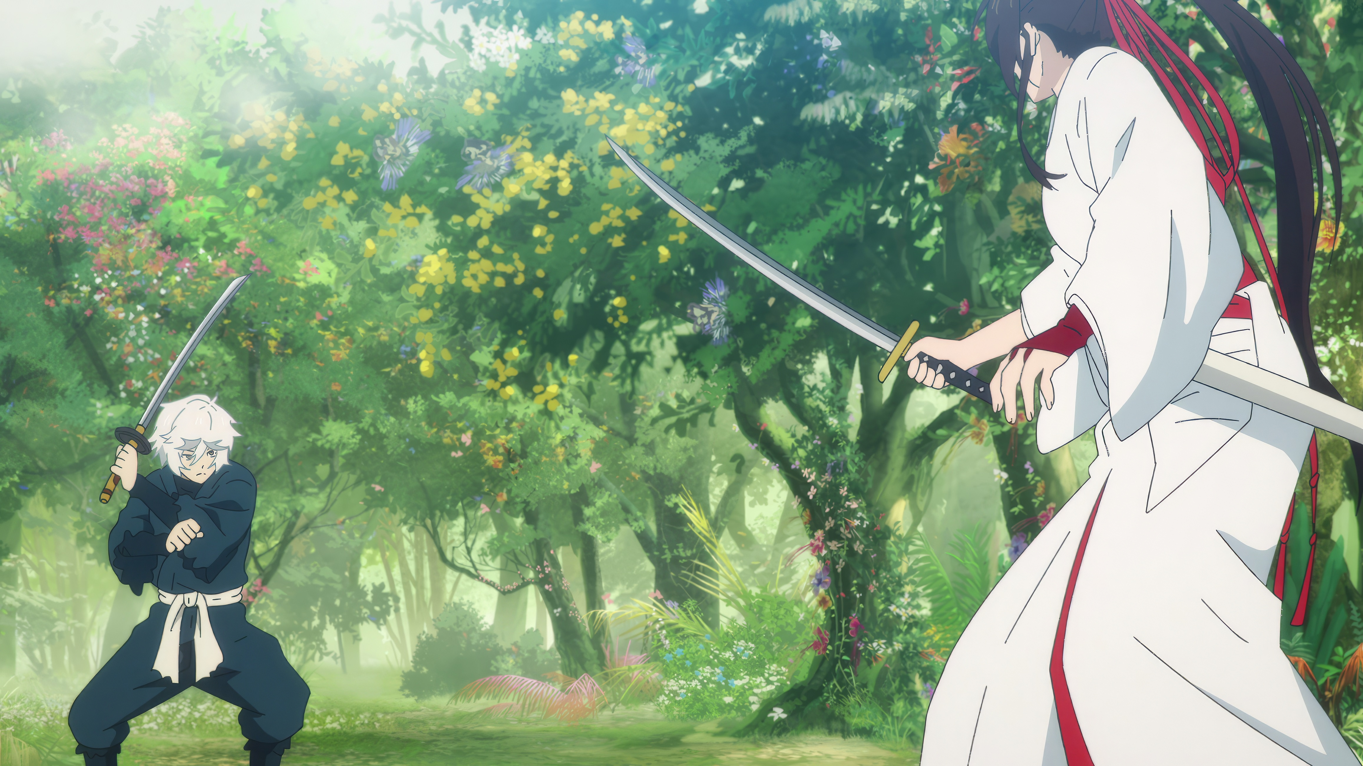 Anime 4627x2603 4K anime Hell's Paradise: Jigokuraku Anime screenshot sword anime boys anime girls Yamada Asaemon Sagiri gabimaru standing women with swords trees men with swords kimono