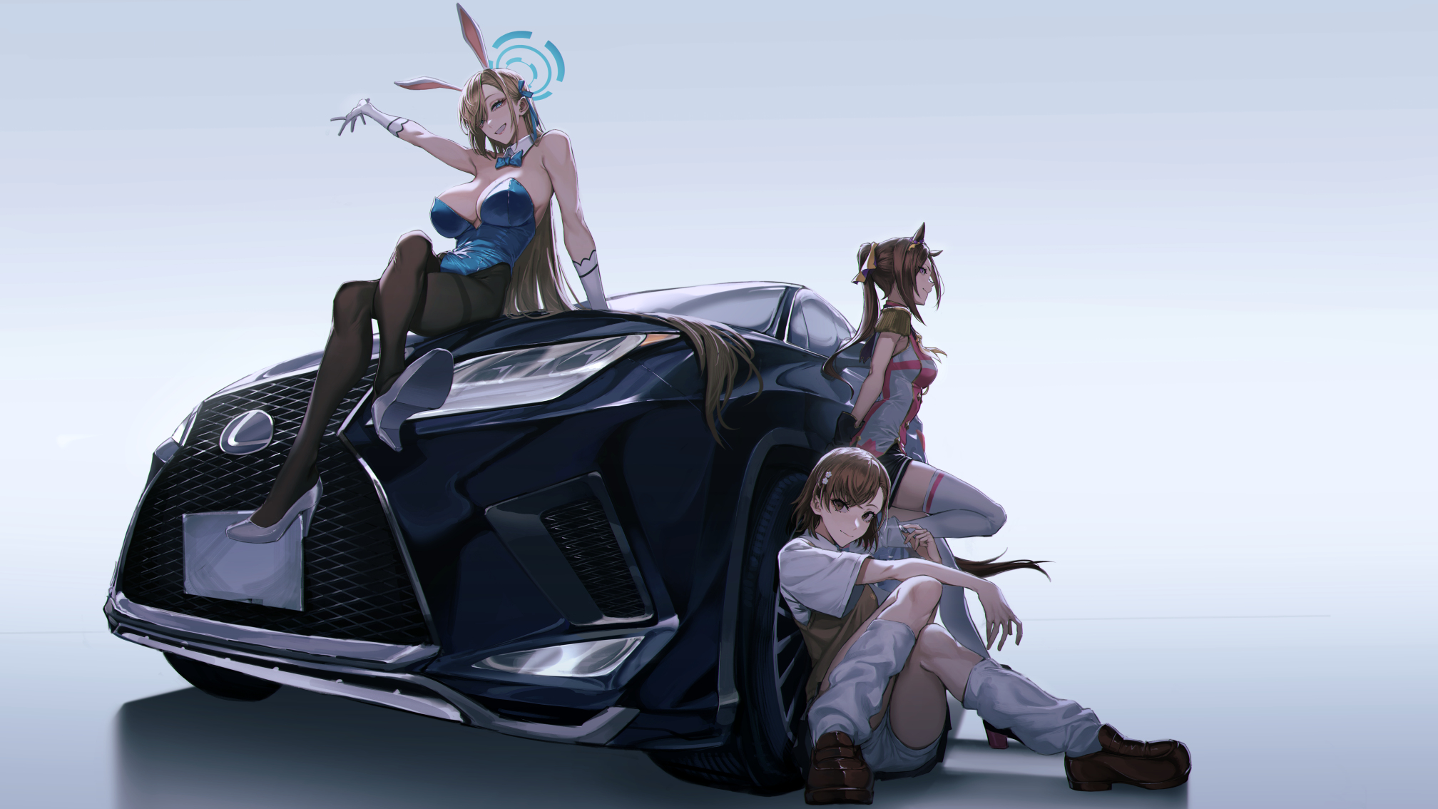 Anime 2016x1134 Blue Archive women trio anime girls Namahamu913 women looking at viewer Asuna Ichinose sitting Uma Musume Pretty Derby To aru Majutsu no Index Lexus hair over one eye group of women crossover simple background leotard blue leotard legs crossed black pantyhose brunette one arm up hair ornament women with cars long hair school uniform stockings animal ears white gloves smiling bunny suit bunny ears vehicle Misaka Mikoto