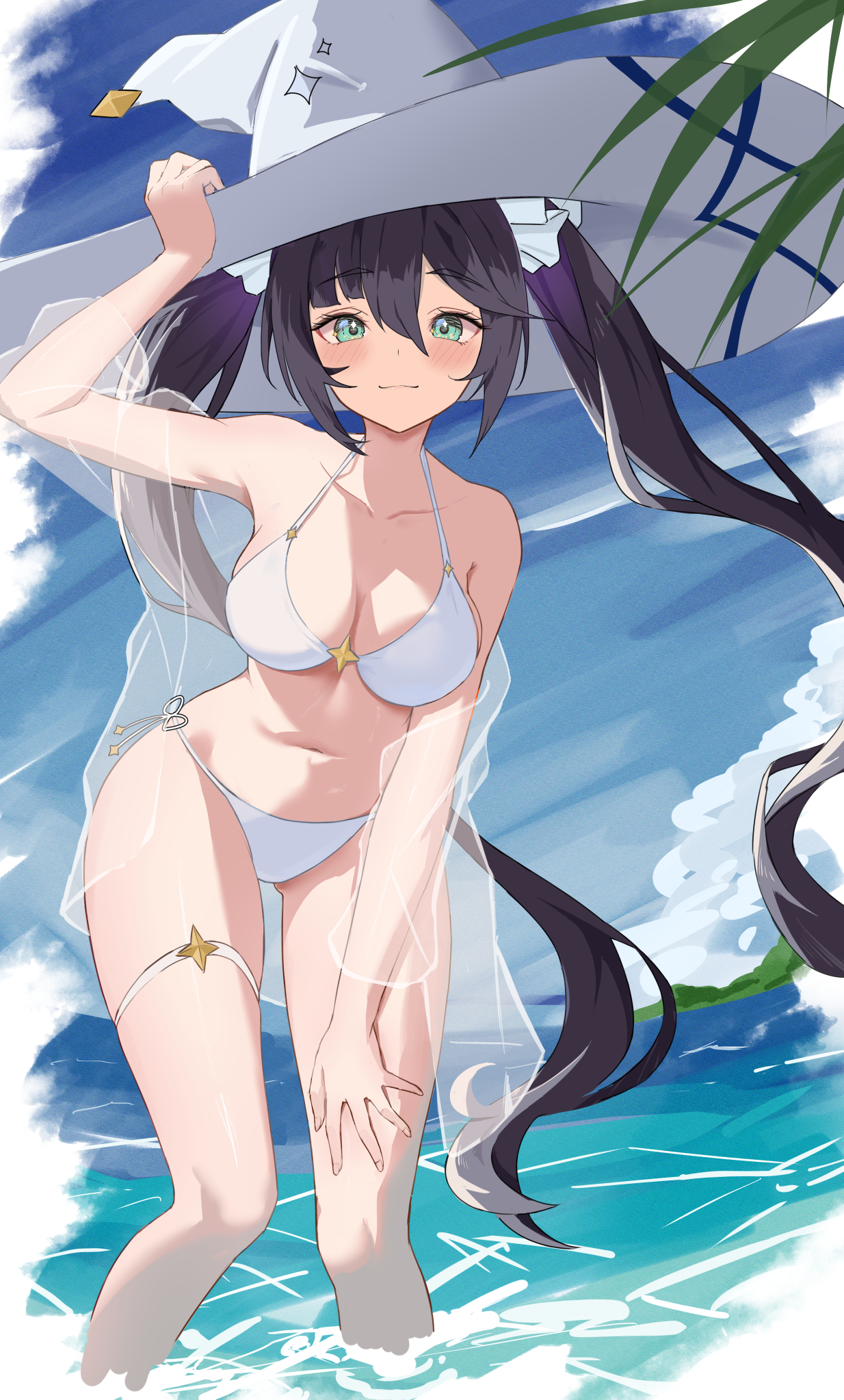 Anime 1234x2046 anime anime girls Mona (Genshin Impact) Genshin Impact clouds standing in water standing hair between eyes sky atto illust long hair portrait display twintails white bikini collarbone big boobs witch hat closed mouth bikini hat women with hats hand on thigh leaves looking at viewer water dark hair blue eyes leaning leg ring