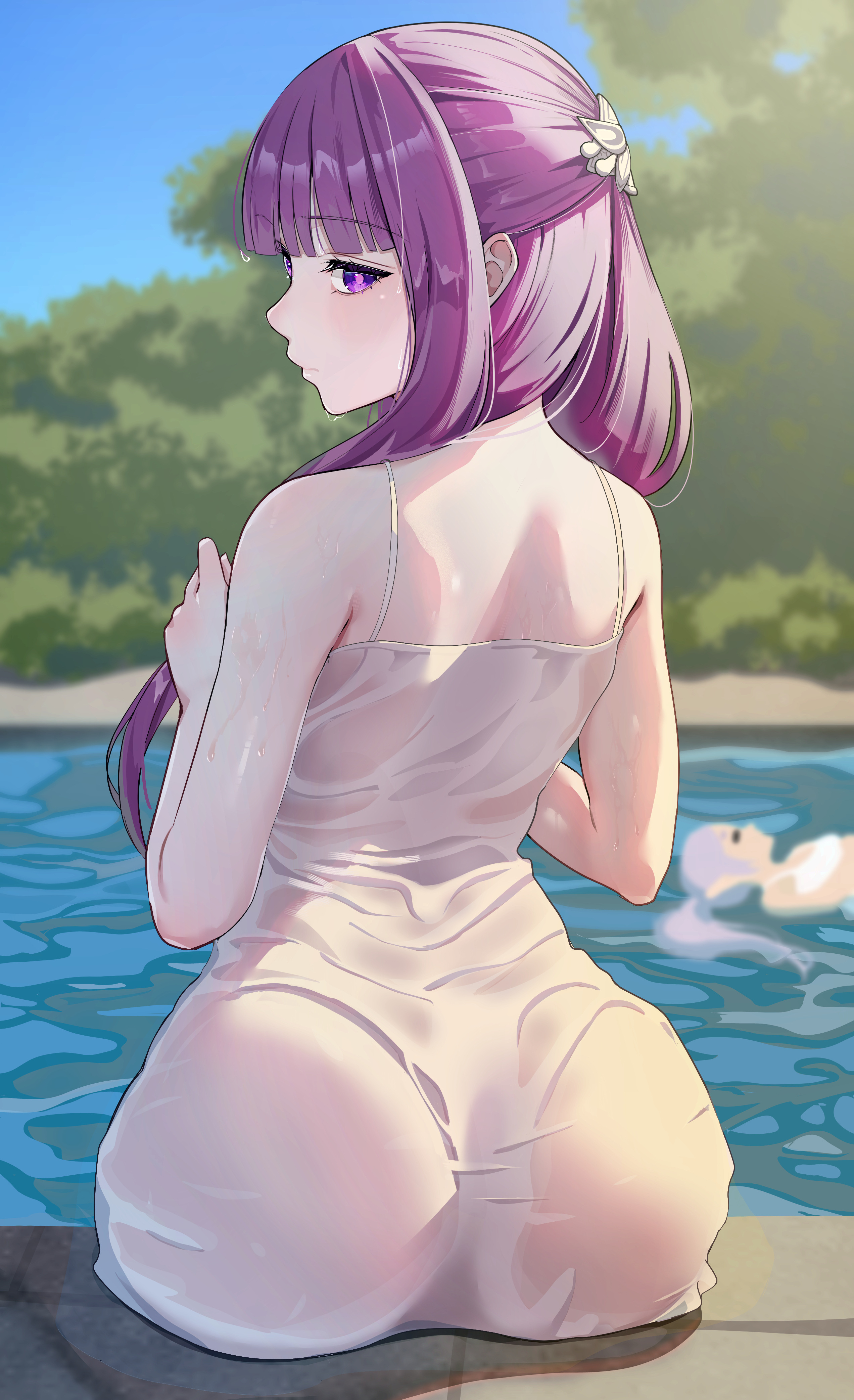 Anime 2544x4169 Sousou No Frieren sitting portrait display anime girls Fern (Sousou No Frieren) Frieren looking at viewer looking back wet clothing sleeveless hair ornament women outdoors long hair purple eyes depth of field purple hair bare shoulders closed mouth rear view swimming pool dress white dress Yami Anko two women bathing ass back wet