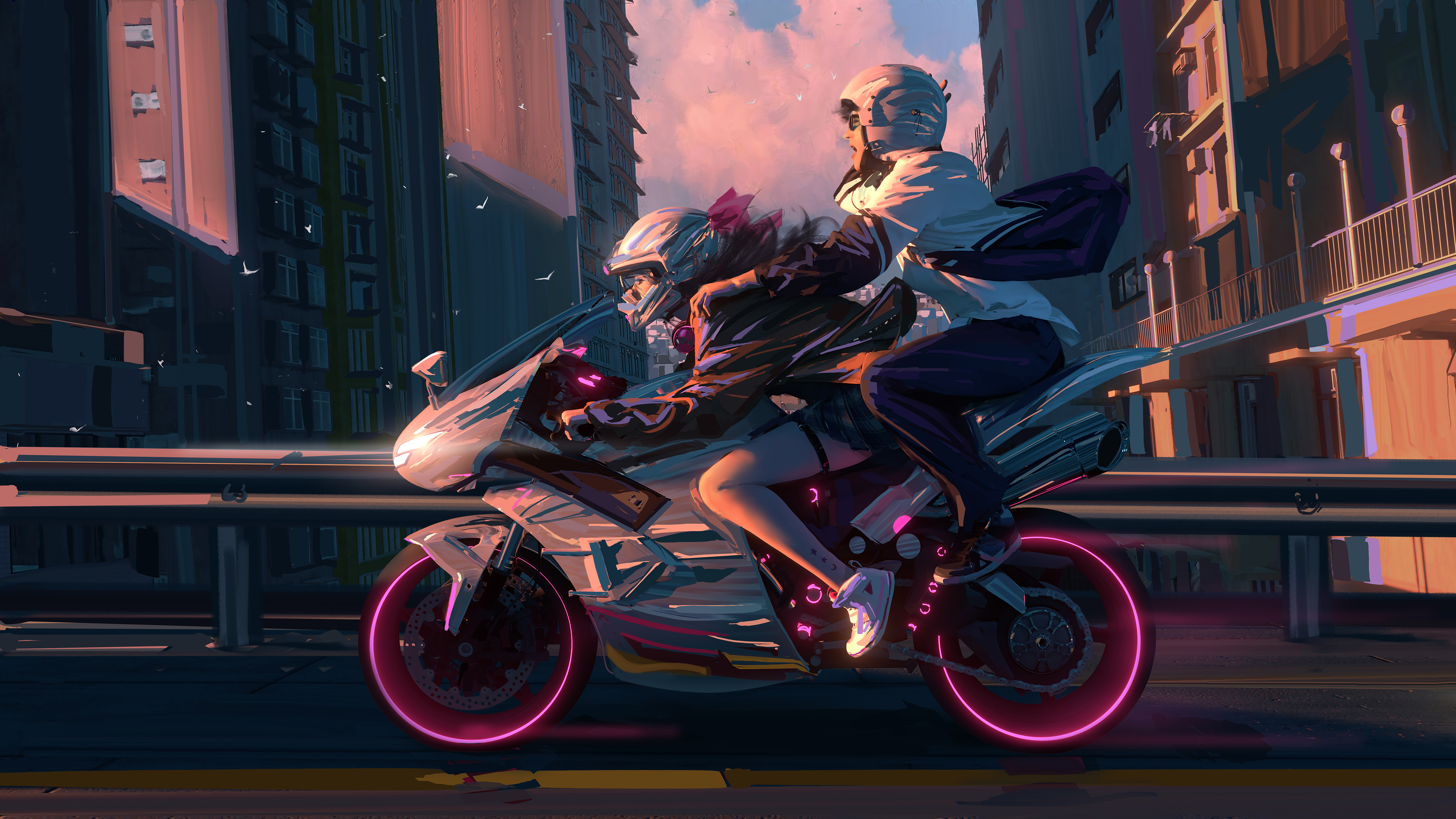 General 4200x2363 WLOP digital art artwork illustration street city urban birds glowing sneakers car model motorcycle Tekken couple men helmet